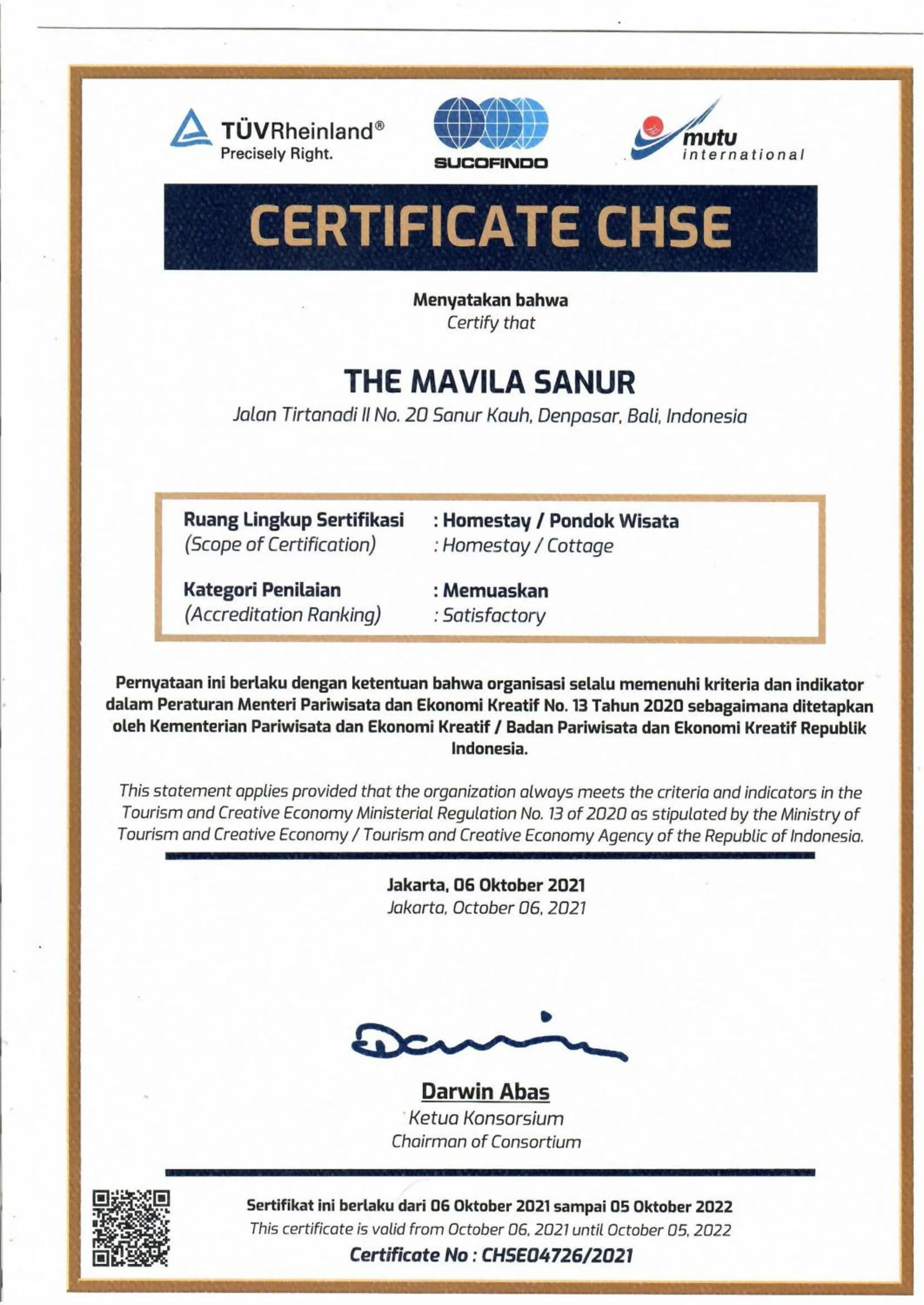 Certificate/Award in The Mavila Sanur