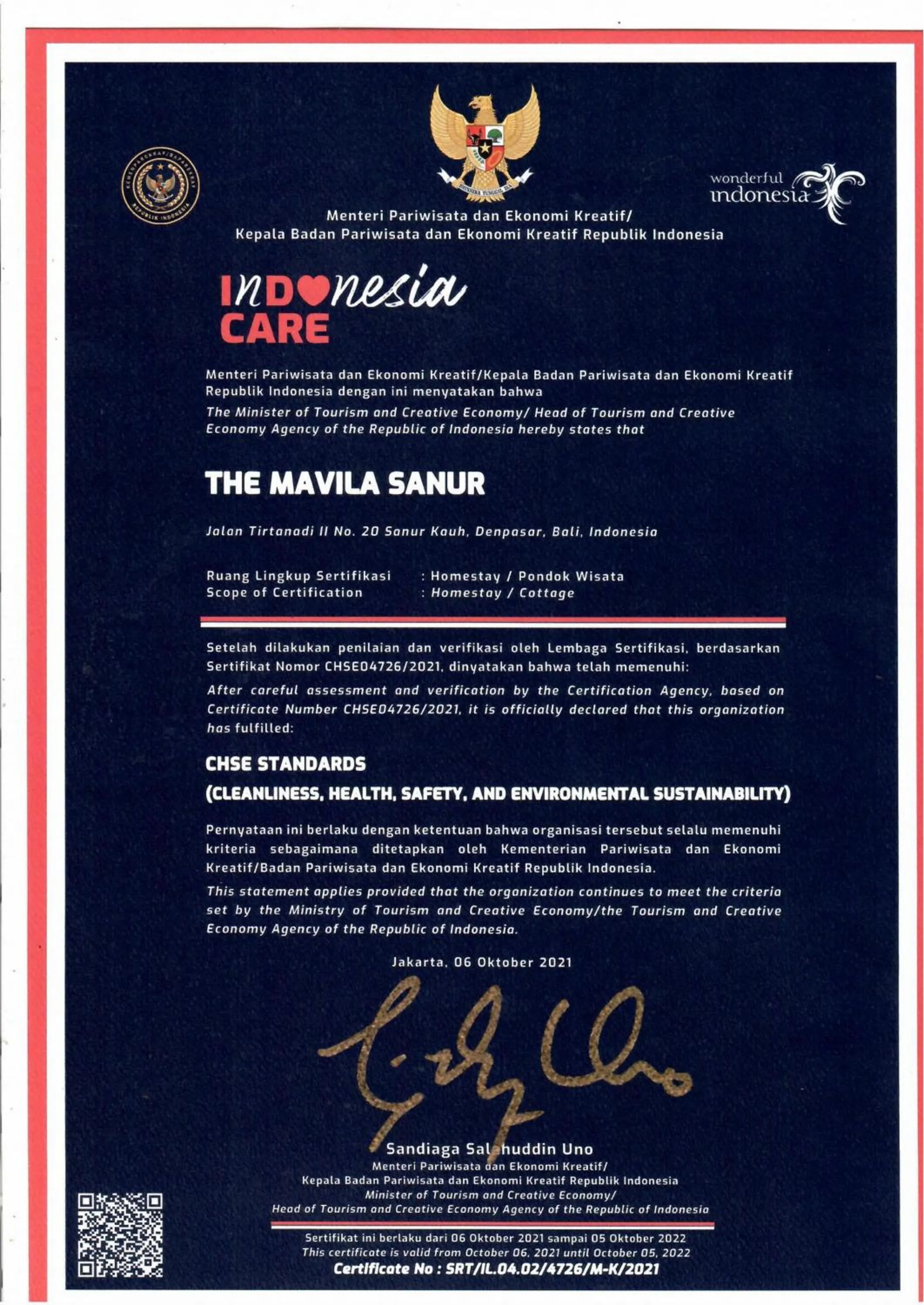 Certificate/Award in The Mavila Sanur