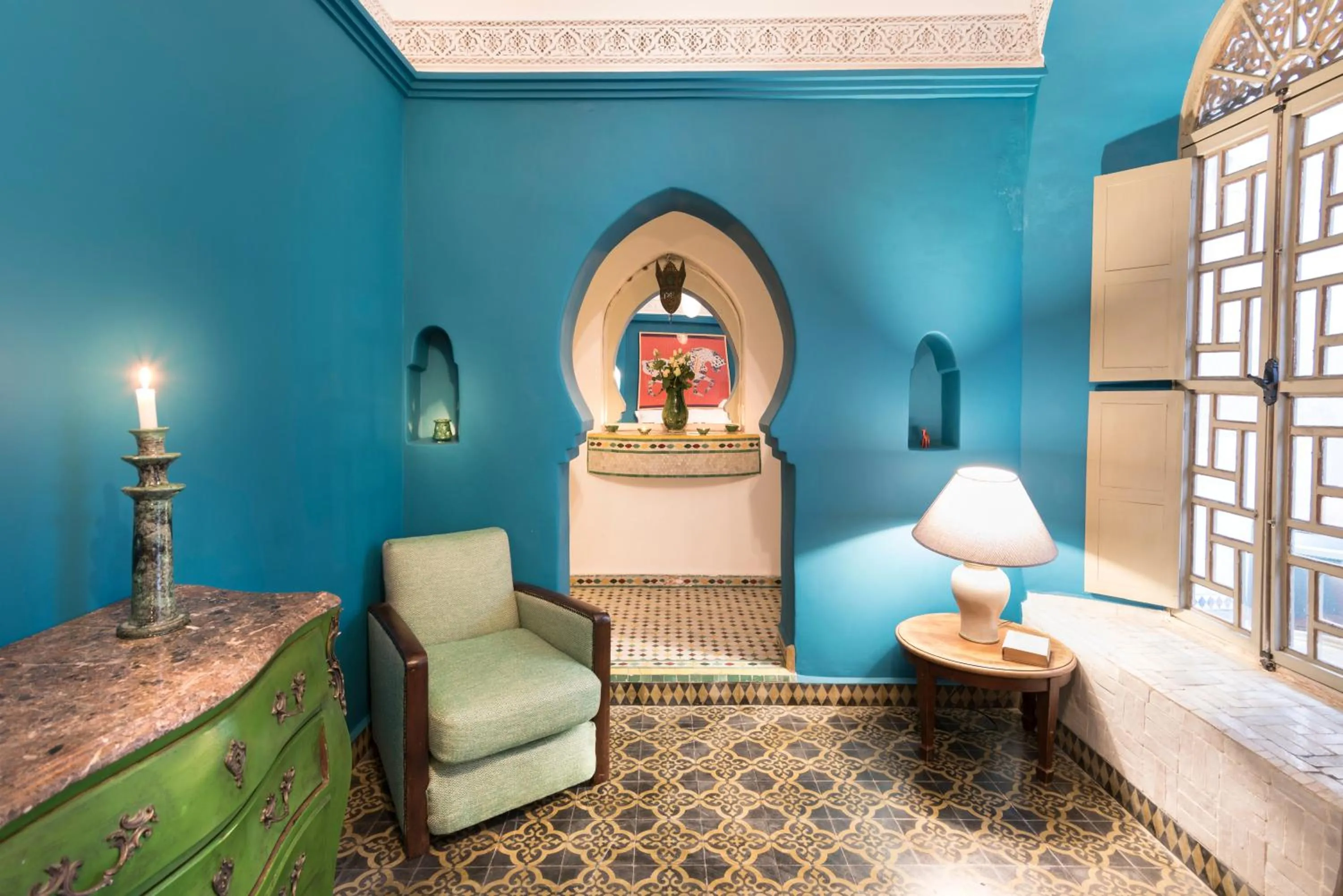 Seating area, Bed in Riad Hissan