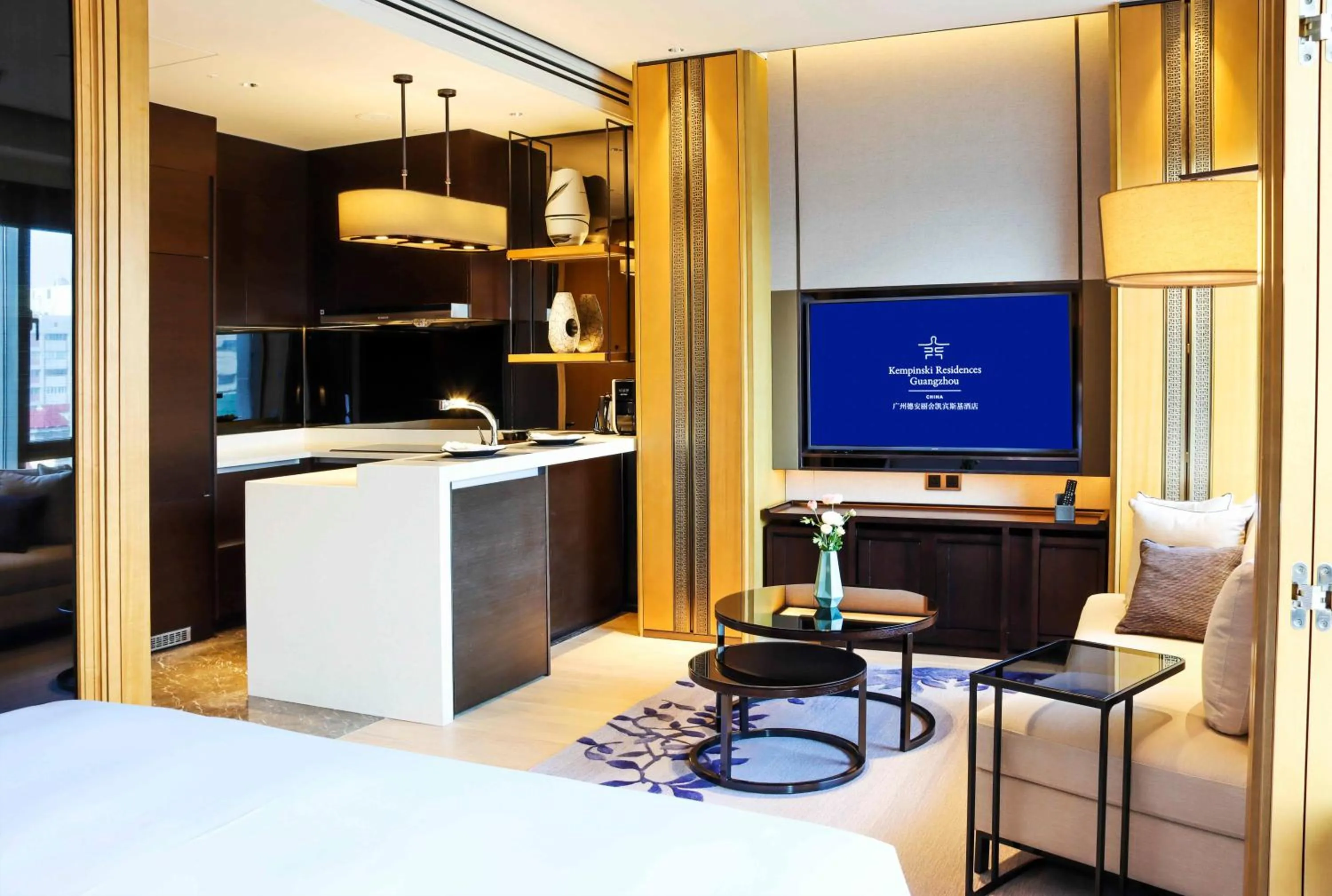 Living room, Bed in Kempinski Residences Guangzhou