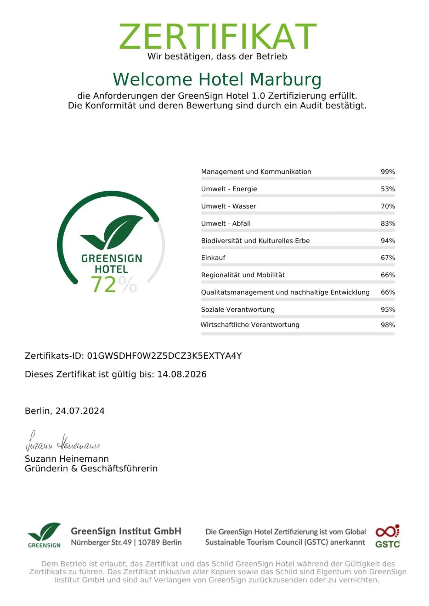 Logo/Certificate/Sign in Welcome Hotel Marburg