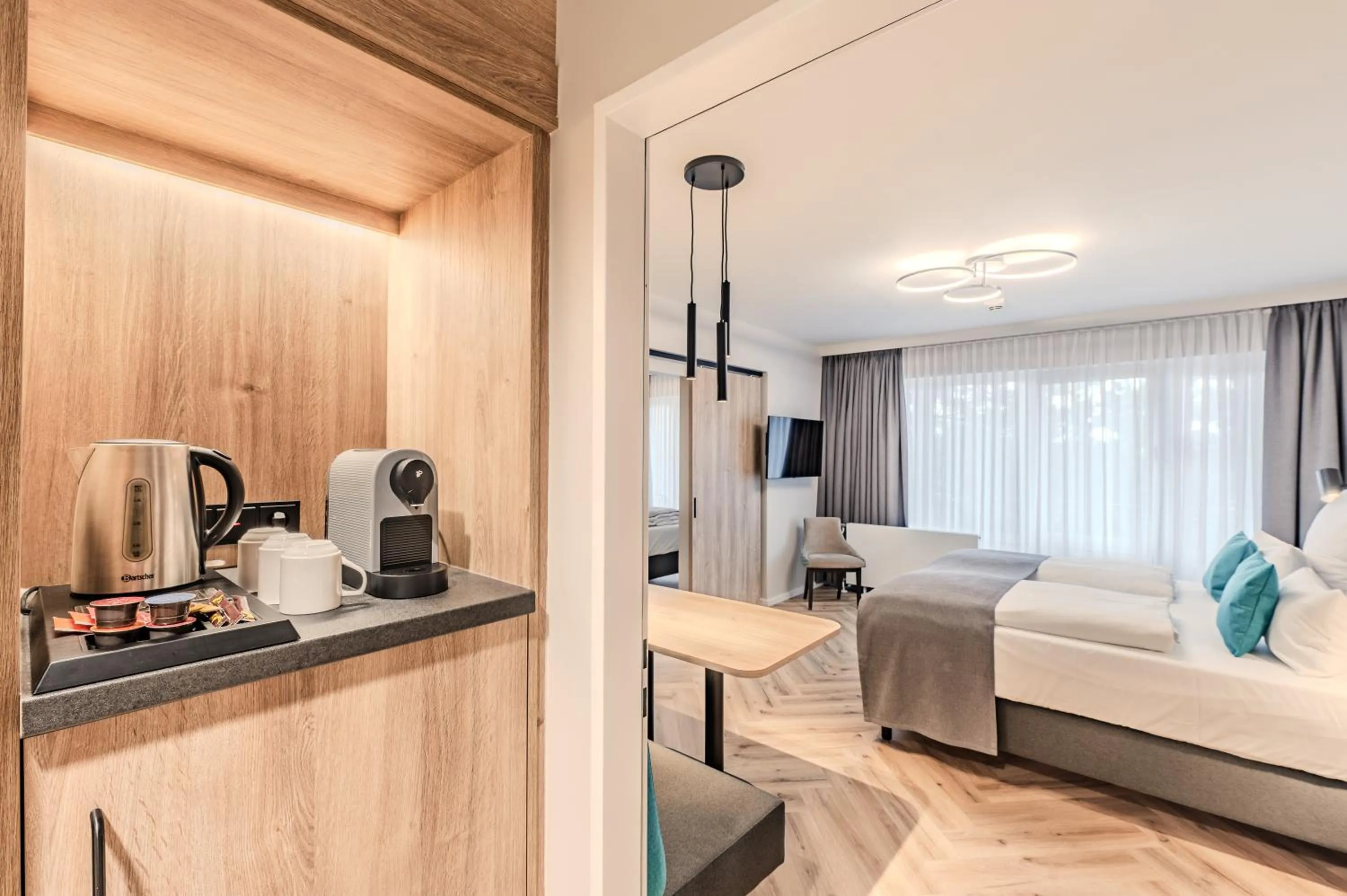 Coffee/tea facilities, Bed in Apartment-Hotel Hamburg Mitte