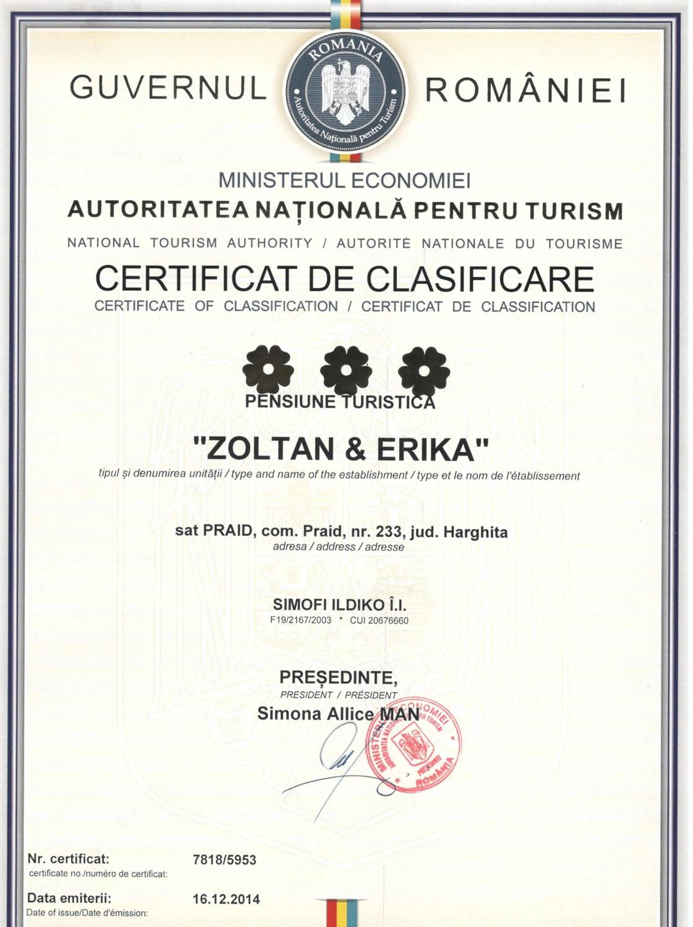 Certificate/Award in Zoltán & Erika Panzió Parajd