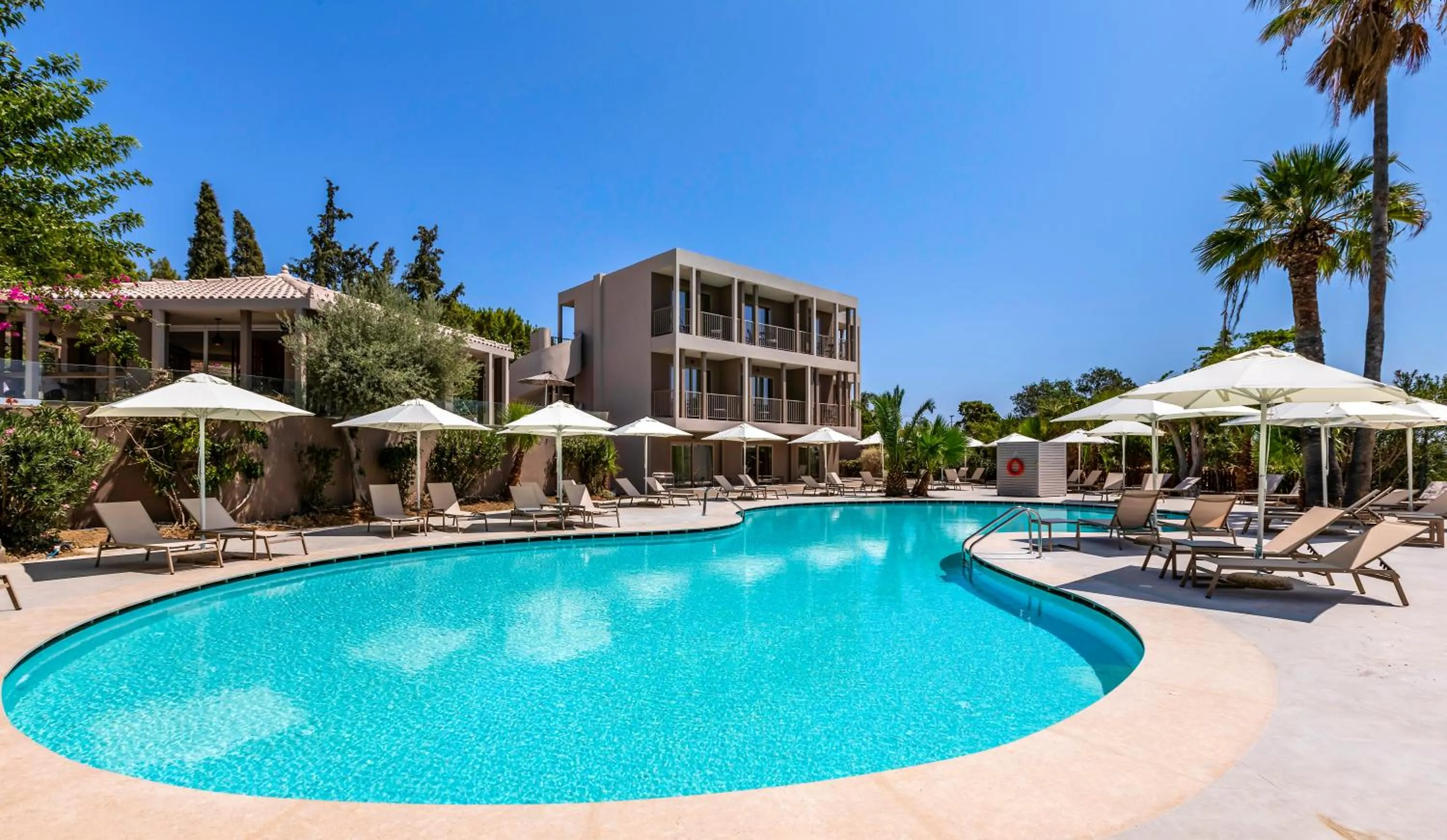 Pool view in White Olive Premium Lindos