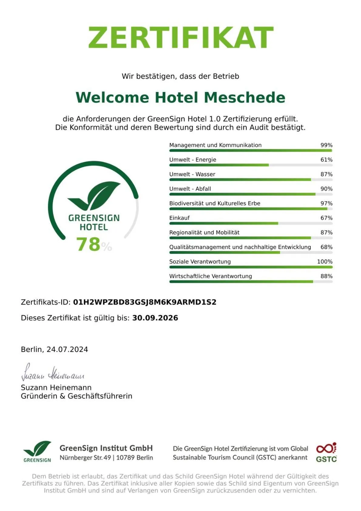 Certificate/Award in Welcome Hotel Meschede Hennesee