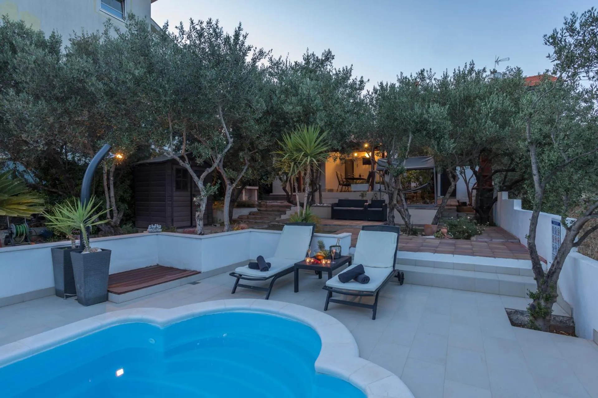 Swimming Pool in House with big walled oliva garden