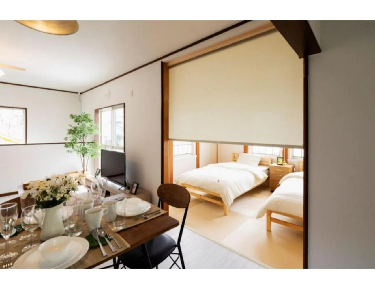 Dining area, Bed in ANJIN Stay Awaji - Resort villa with ocean view & BBQ - Self Check-In Only