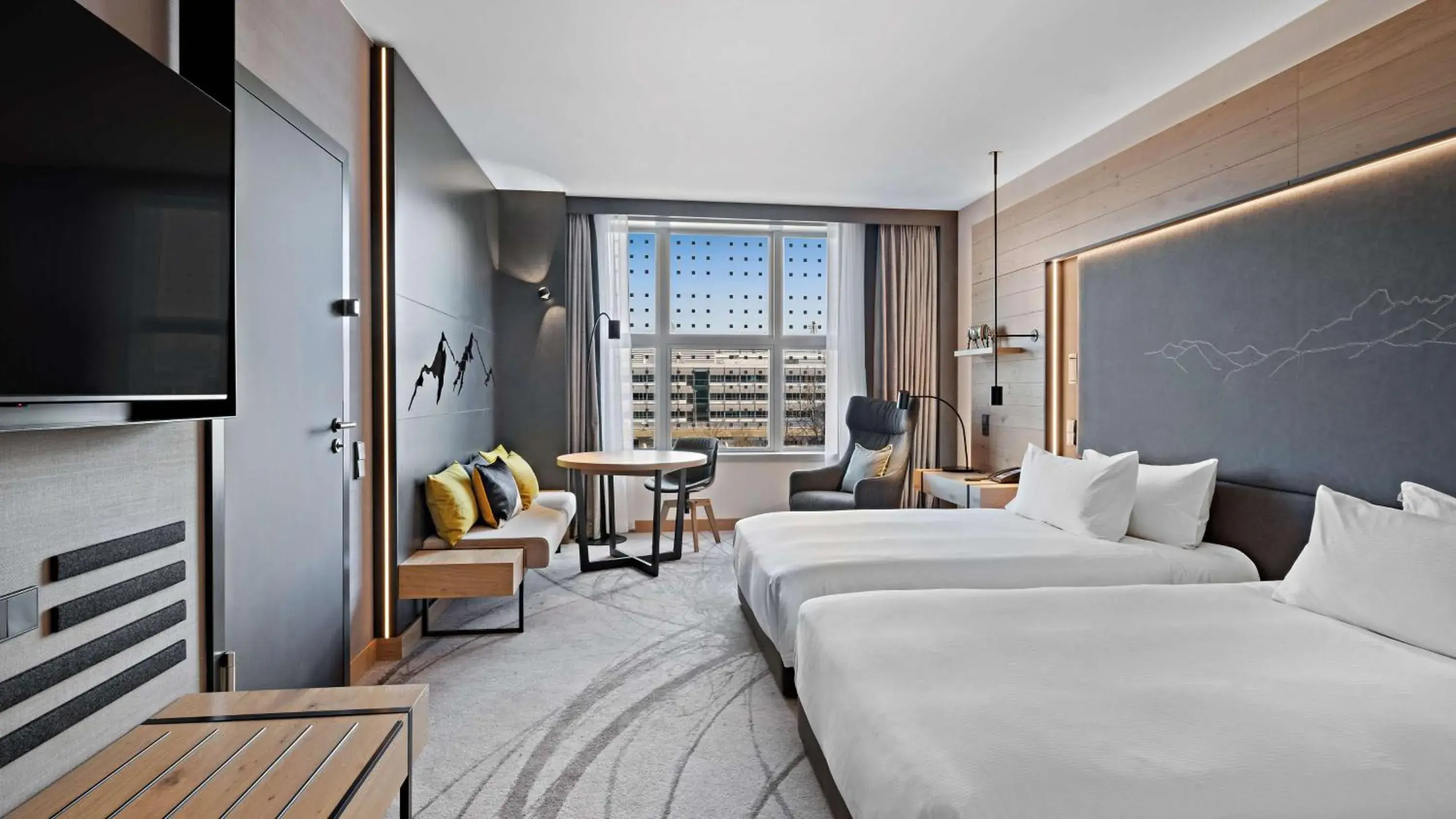 View (from property/room), Bed in Hilton Munich Airport View (from property/room), Bed in Hilton Munich Airport