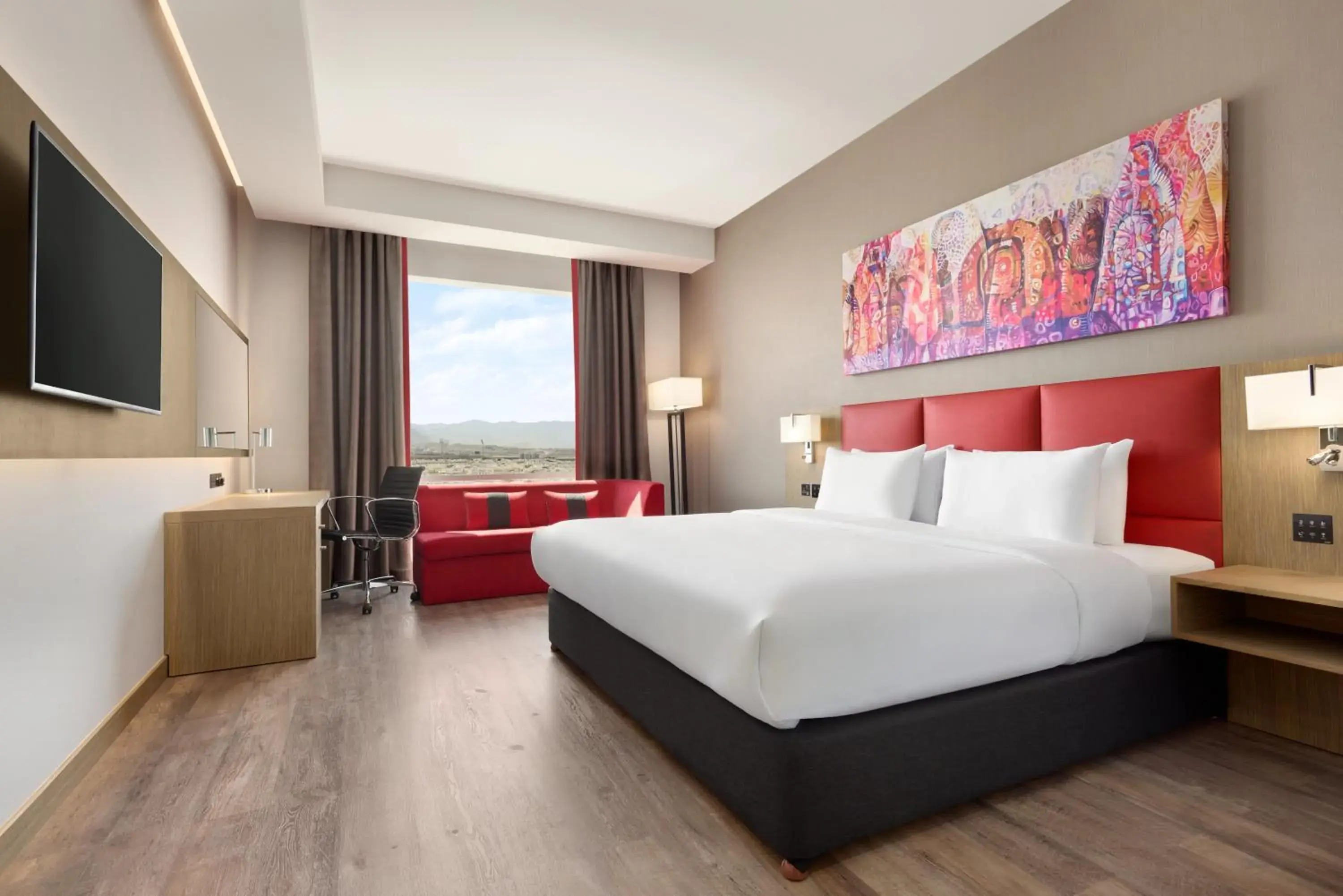 Mountain view, Bed in Ramada Encore by Wyndham Muscat Al-Ghubra Mountain view, Bed in Ramada Encore by Wyndham Muscat Al-Ghubra