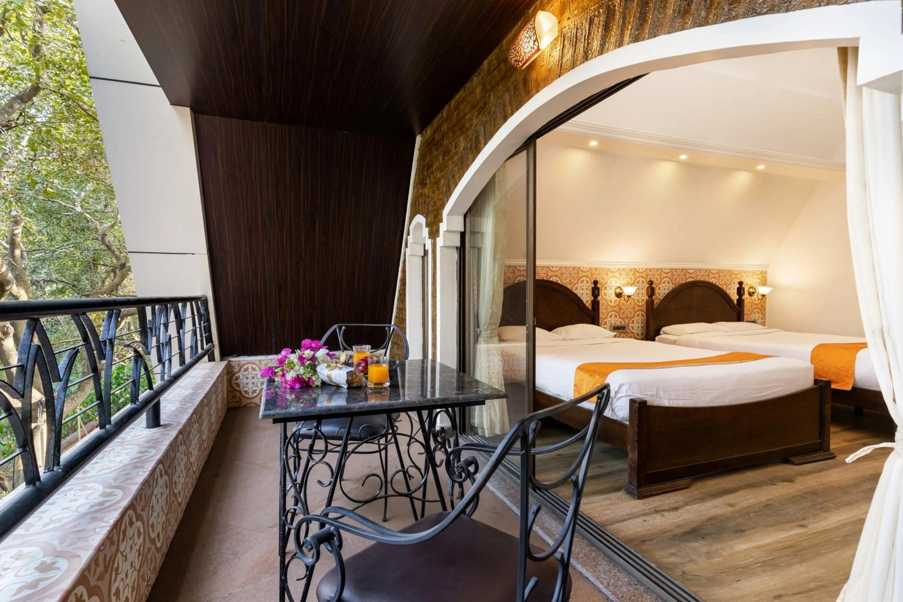 Balcony/Terrace, Bed in Valley View Grand Resort, Panhala - Premium Resort Hotel in Panhala