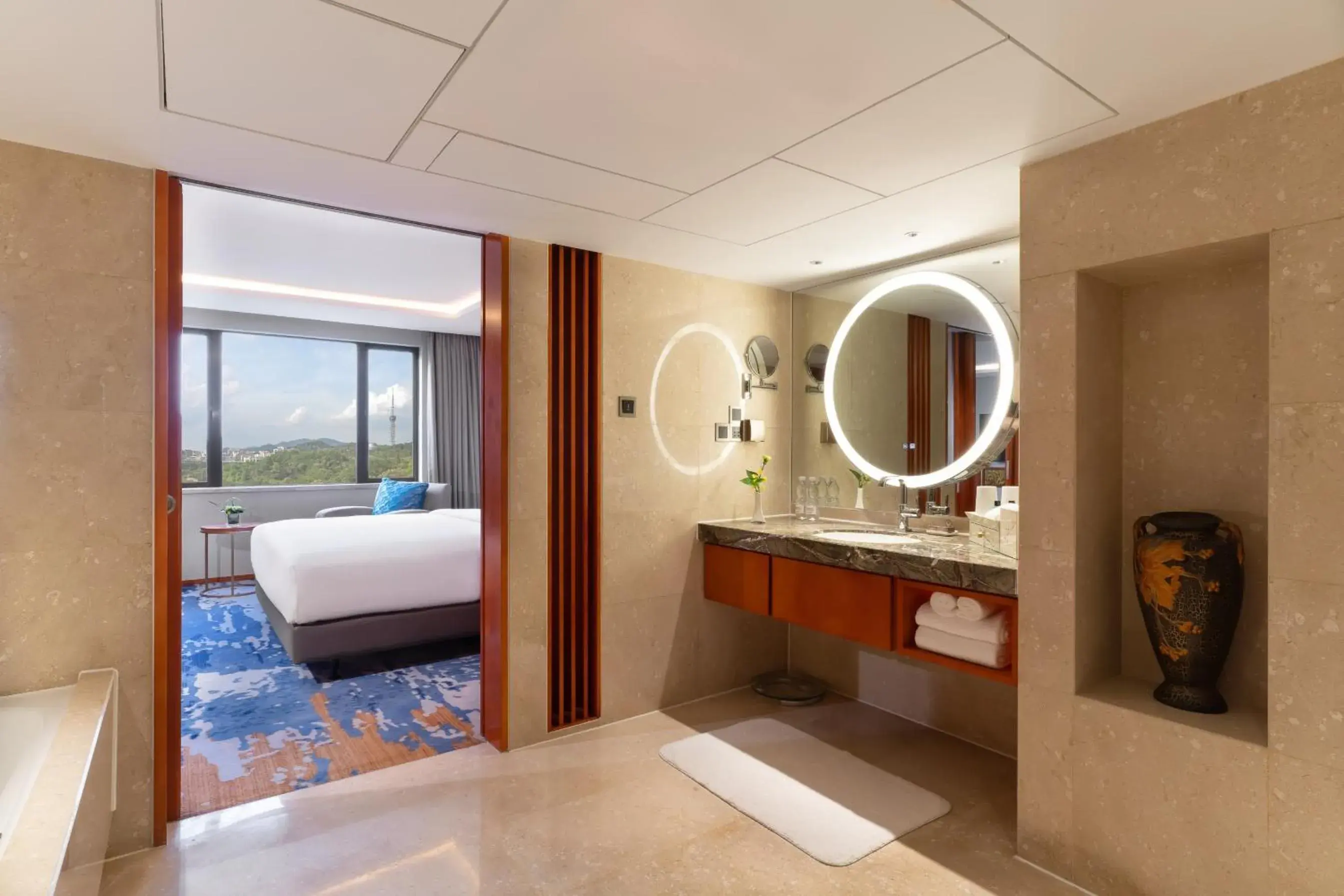 Bathroom, Bed in China Hotel Guangzhou Bathroom, Bed in China Hotel Guangzhou