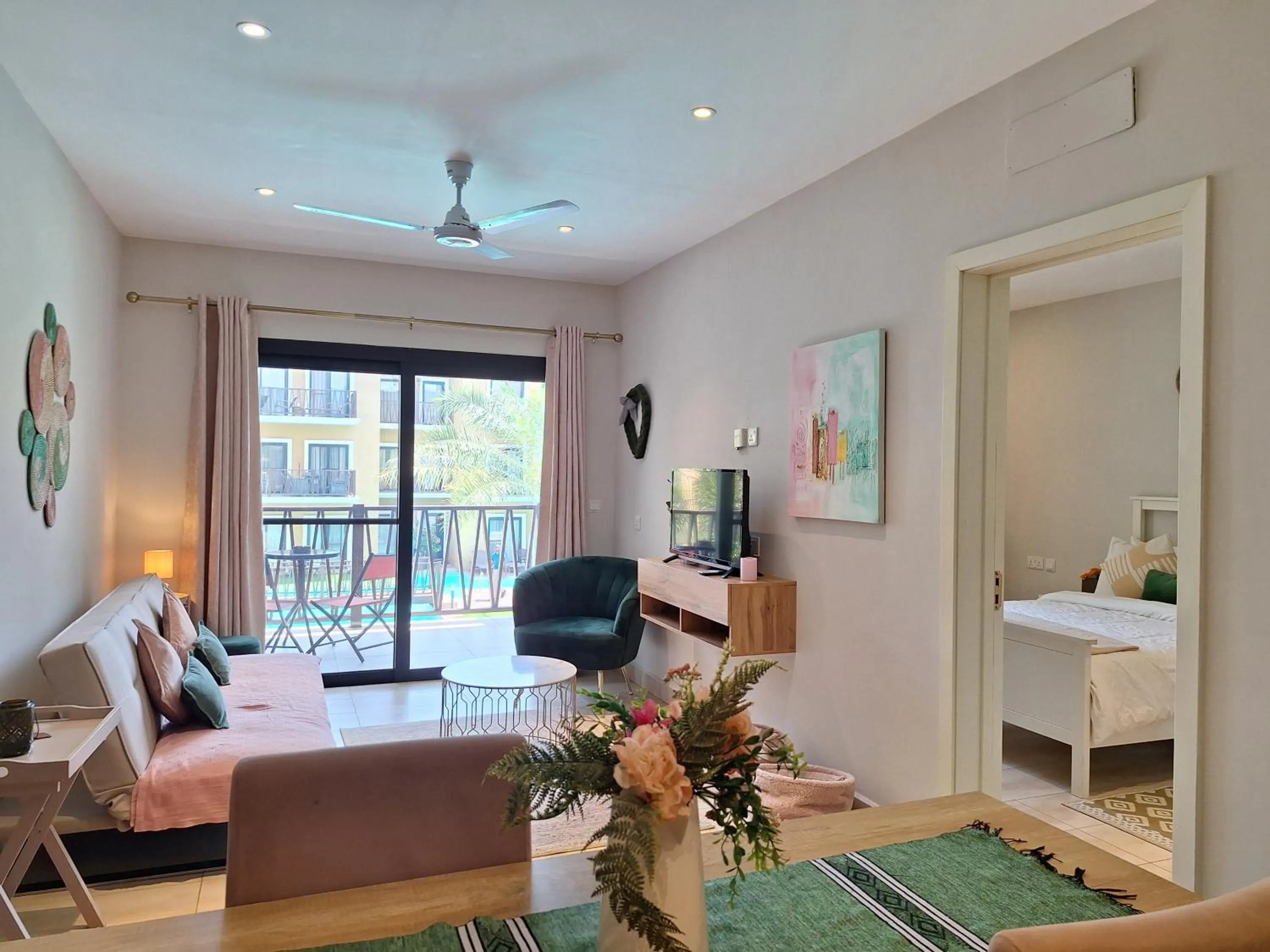 Living room, Bed in Forest View Apartments