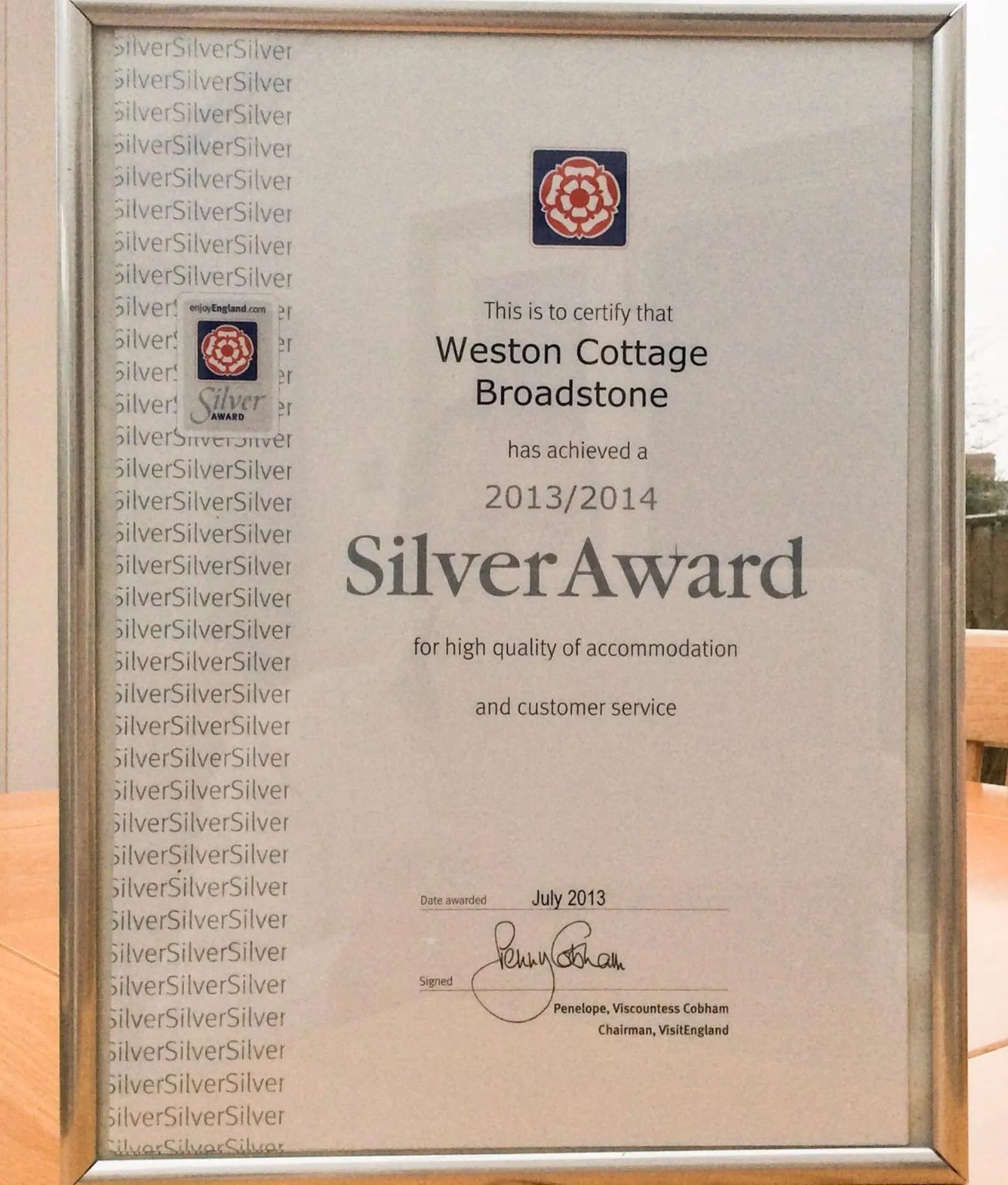 Logo/Certificate/Sign in Weston Cottage