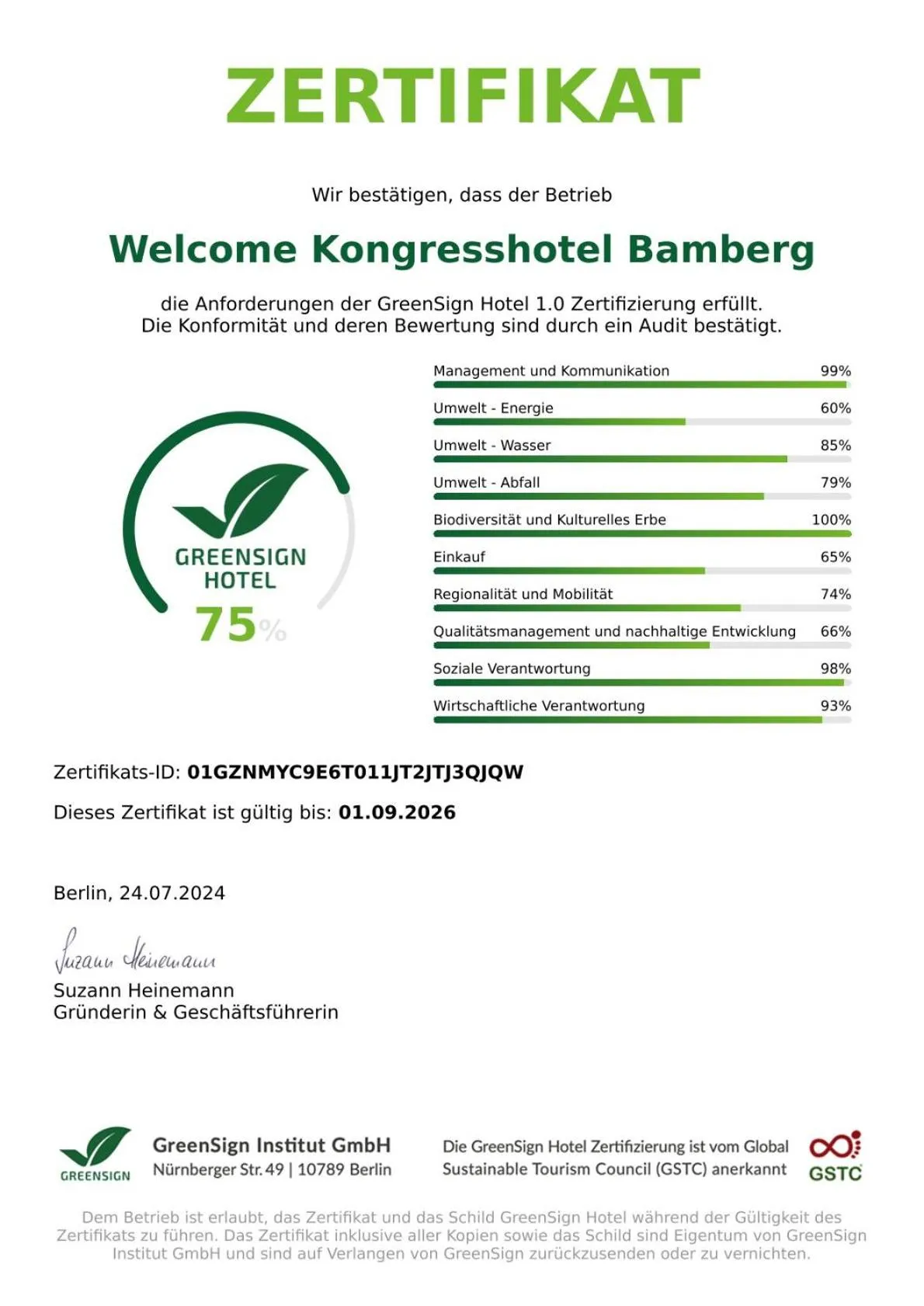 Certificate/Award in Welcome Kongress Hotel Bamberg