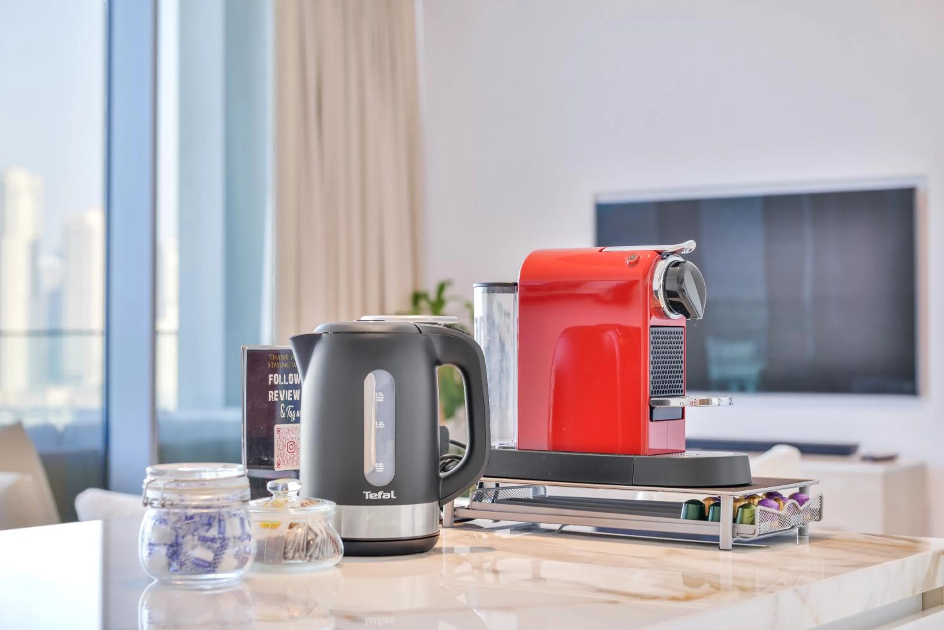 Coffee/tea facilities in Lavish & Equipped oceanfront 2 BR facing Ain Dubai