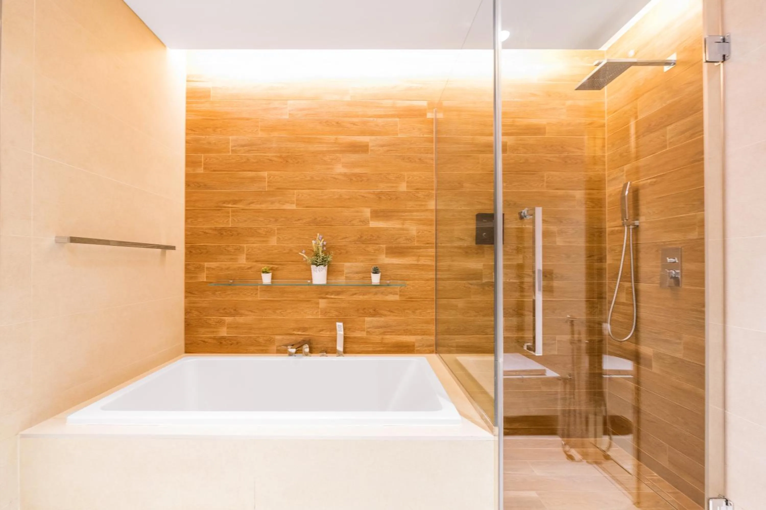 Shower in Lavish & Equipped oceanfront 2 BR facing Ain Dubai