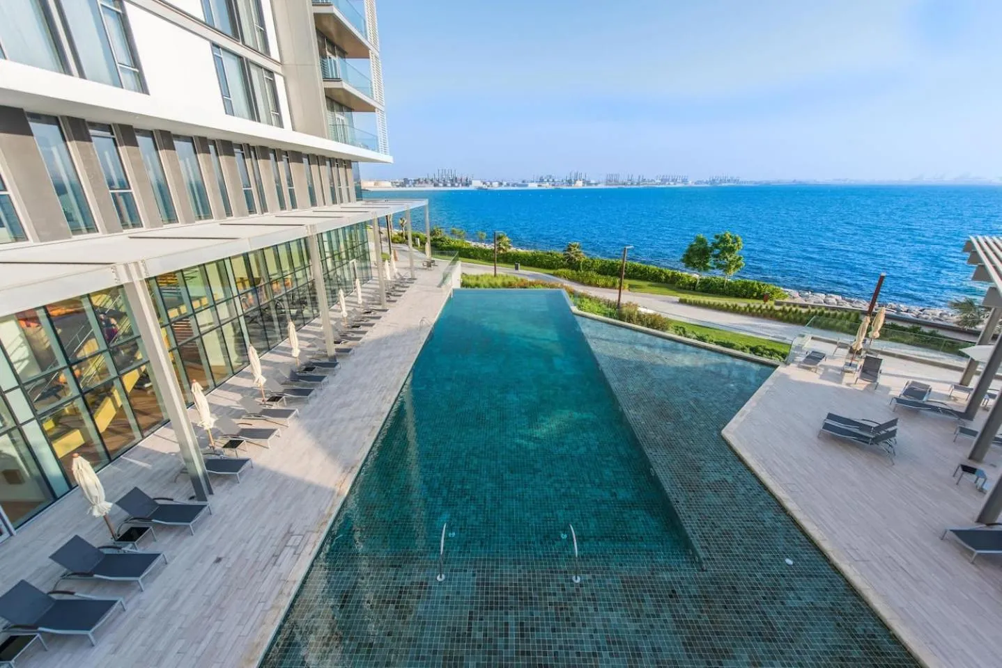 Pool view in Lavish & Equipped oceanfront 2 BR facing Ain Dubai
