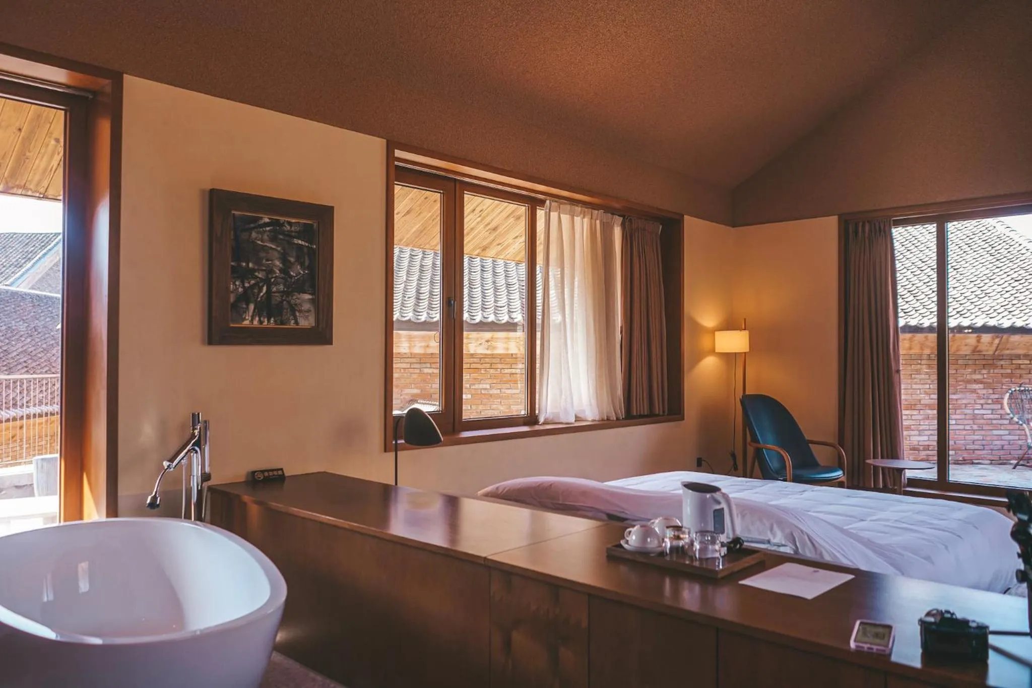 Bedroom, Bed in Sansa Village Boutique Hotel at Mutianyu Great Wall Adjoin to Mutianyu Great Wall - Room with the View of Great Wall - Jacuzzi with the View of Great Wall - Vehicle Shuttle Service - International Catering - SPA& Nail Beauty Facilities