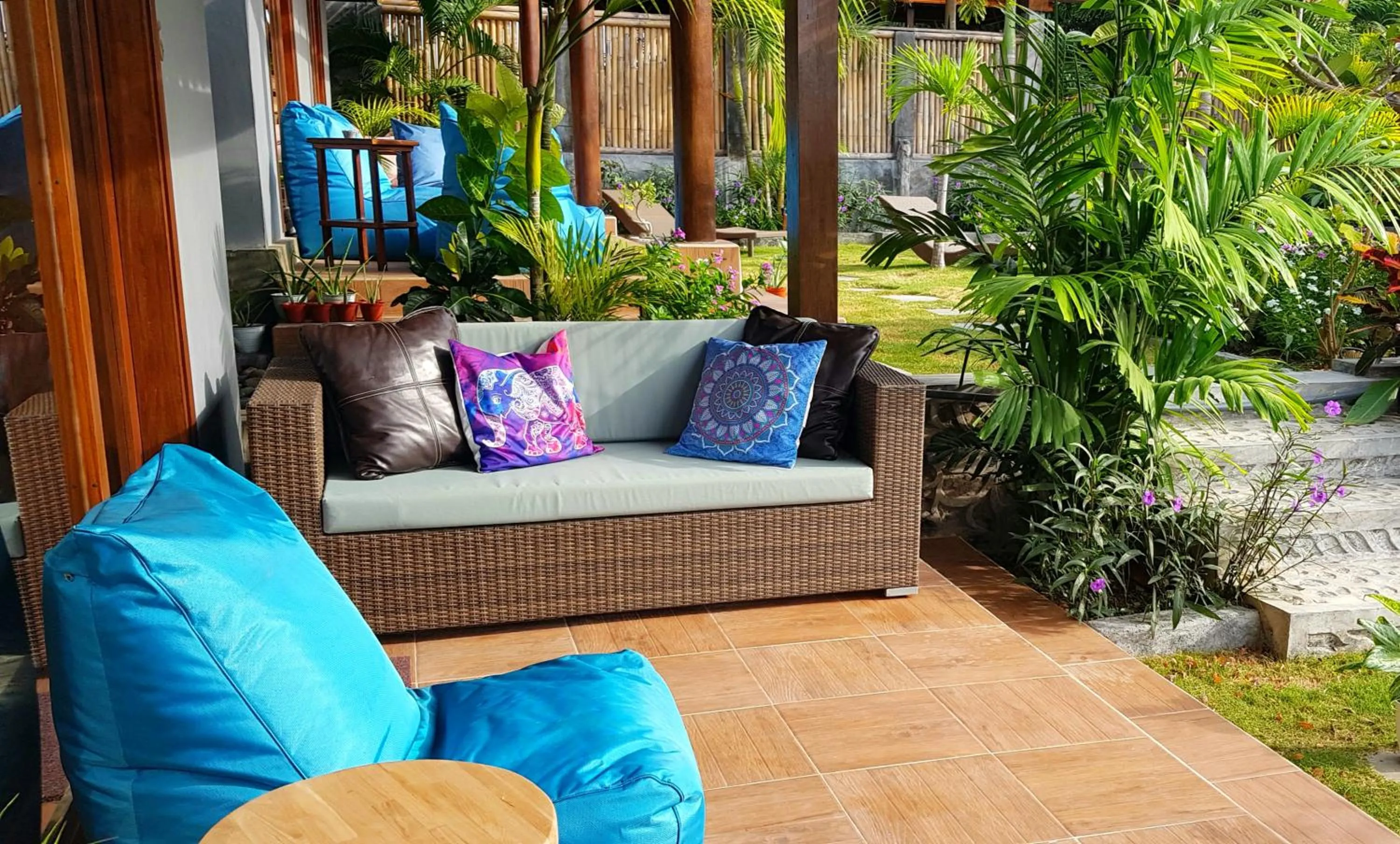 Patio in Ombak Resort at Ekas , a luxury surf and kite destination, Close to Inside Ekas beach