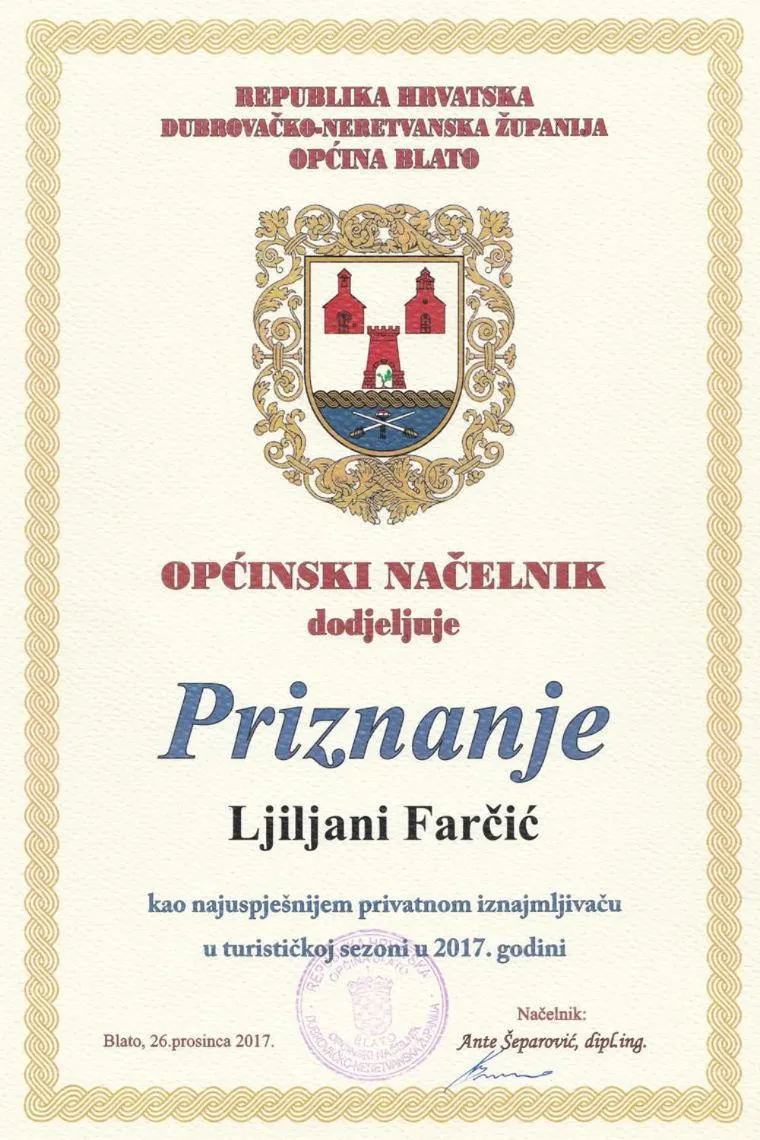 Certificate/Award in Apartments Ljiljana