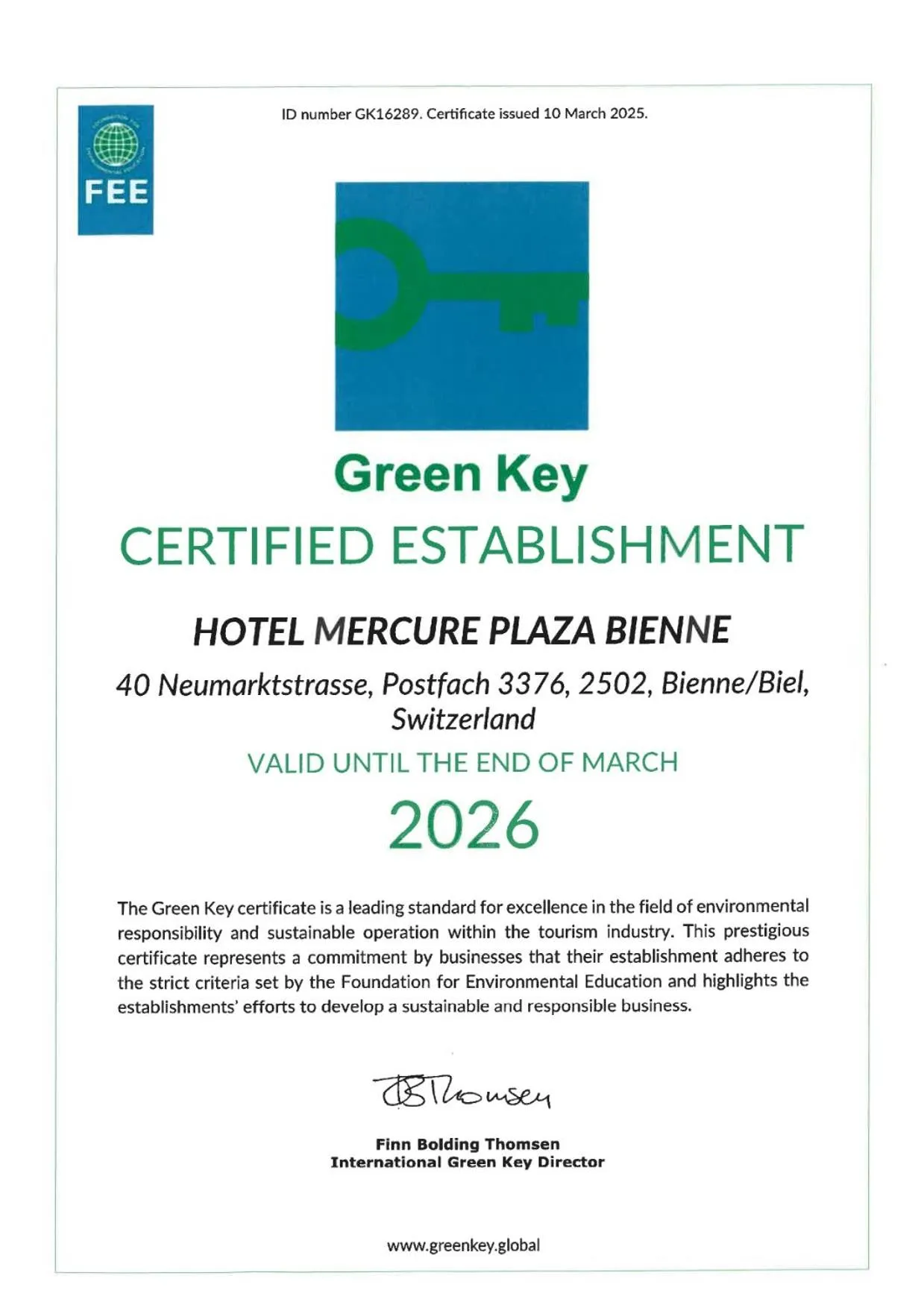 Logo/Certificate/Sign in Mercure Biel