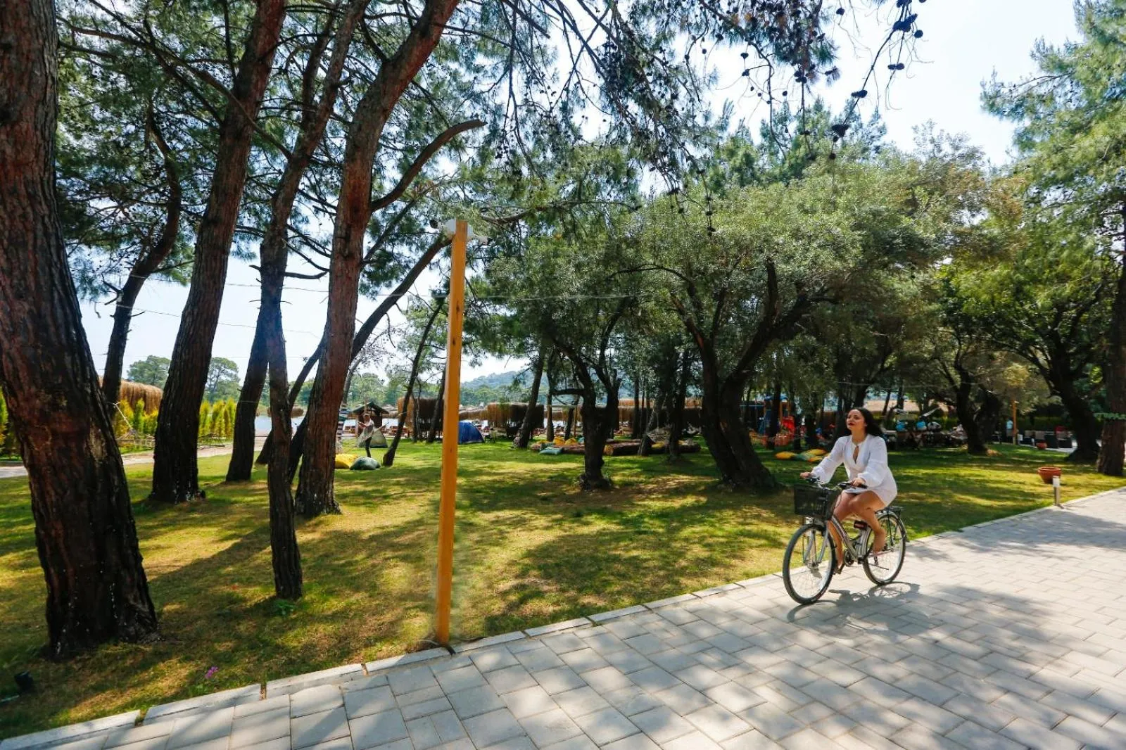 People in Green Pine Bungalows & Beach Luxury Concept