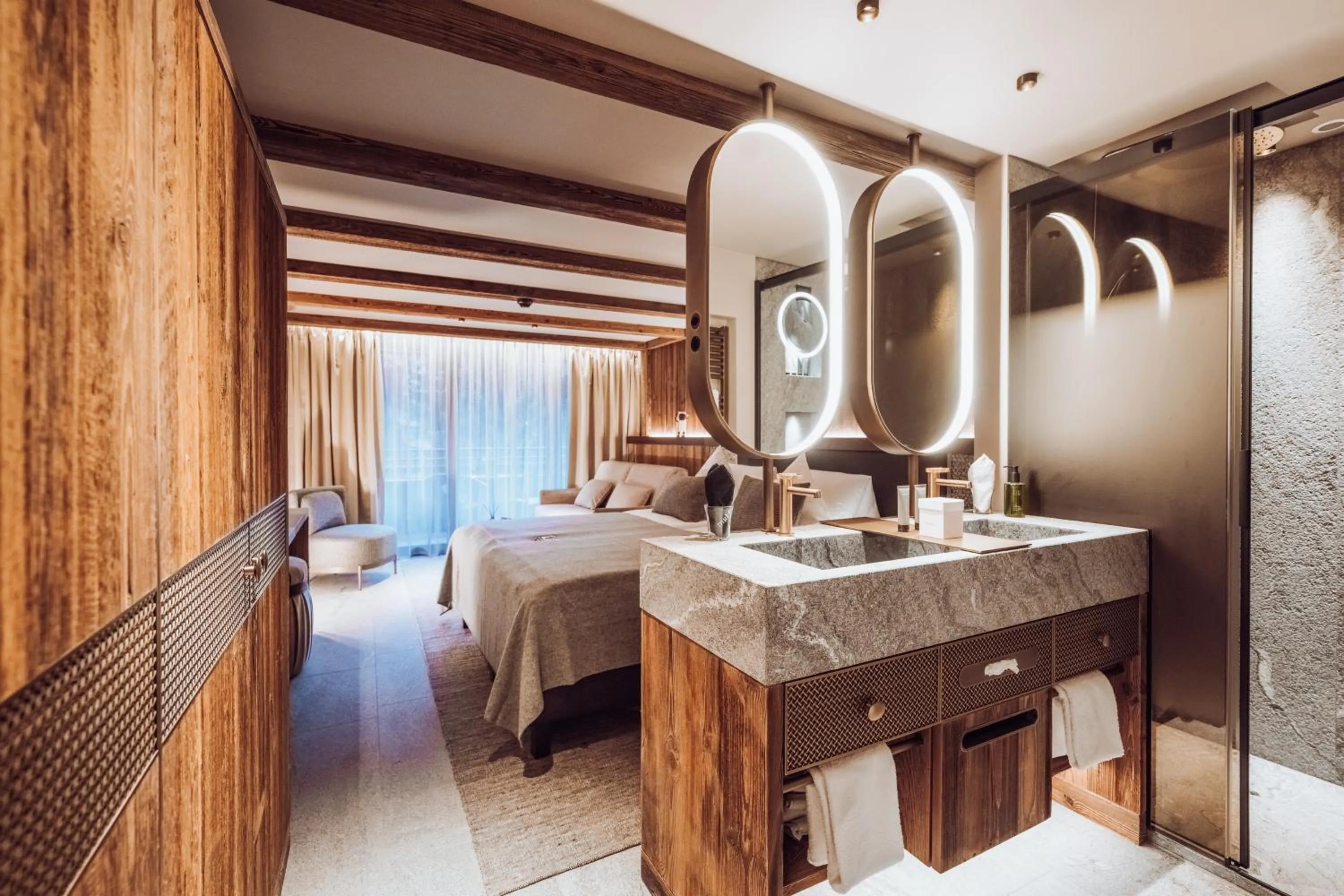 Bathroom, Bed in Wellness Hotel Alpenhof