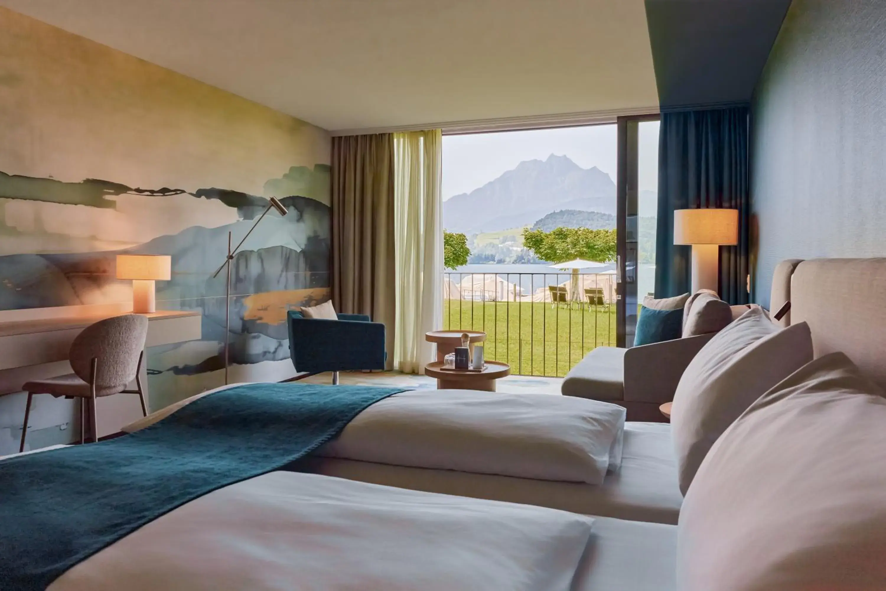 View (from property/room), Bed in HERMITAGE Lake Lucerne - Beach Club & Lifestyle Hotel View (from property/room), Bed in HERMITAGE Lake Lucerne - Beach Club & Lifestyle Hotel