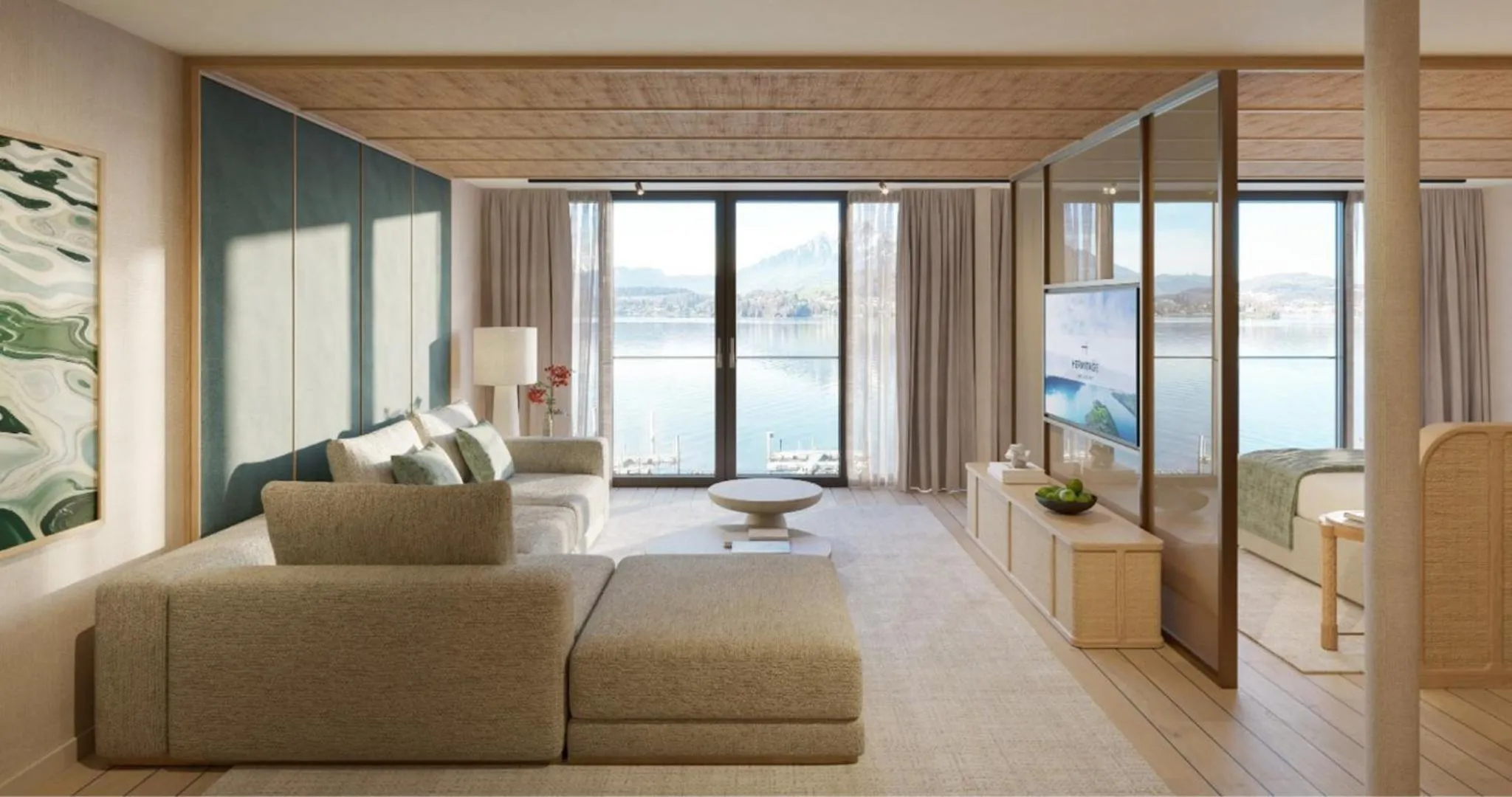 Photo of the whole room, Bed in HERMITAGE Lake Lucerne - Beach Club & Lifestyle Hotel