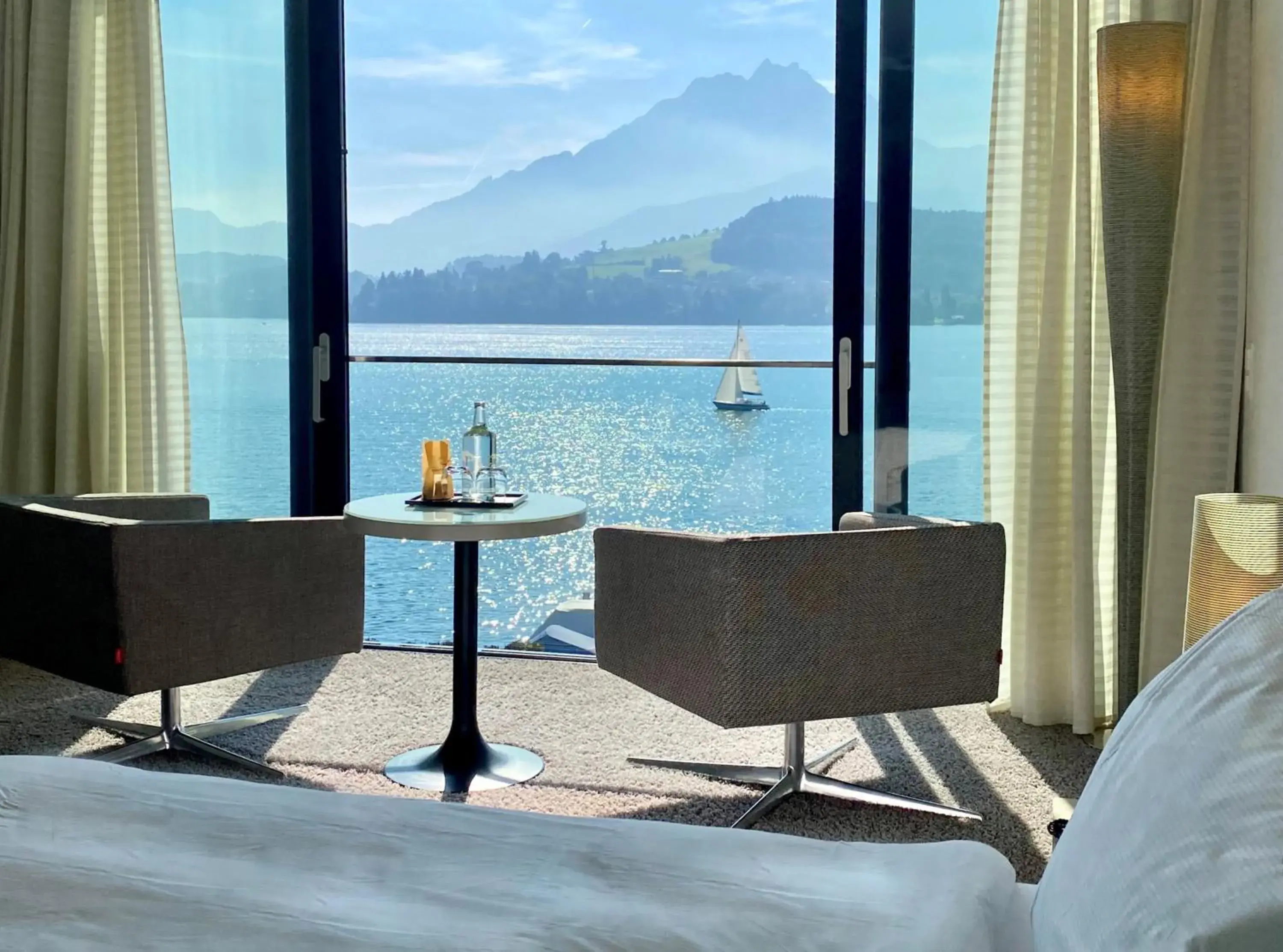 View (from property/room), Bed in HERMITAGE Lake Lucerne - Beach Club & Lifestyle Hotel View (from property/room), Bed in HERMITAGE Lake Lucerne - Beach Club & Lifestyle Hotel
