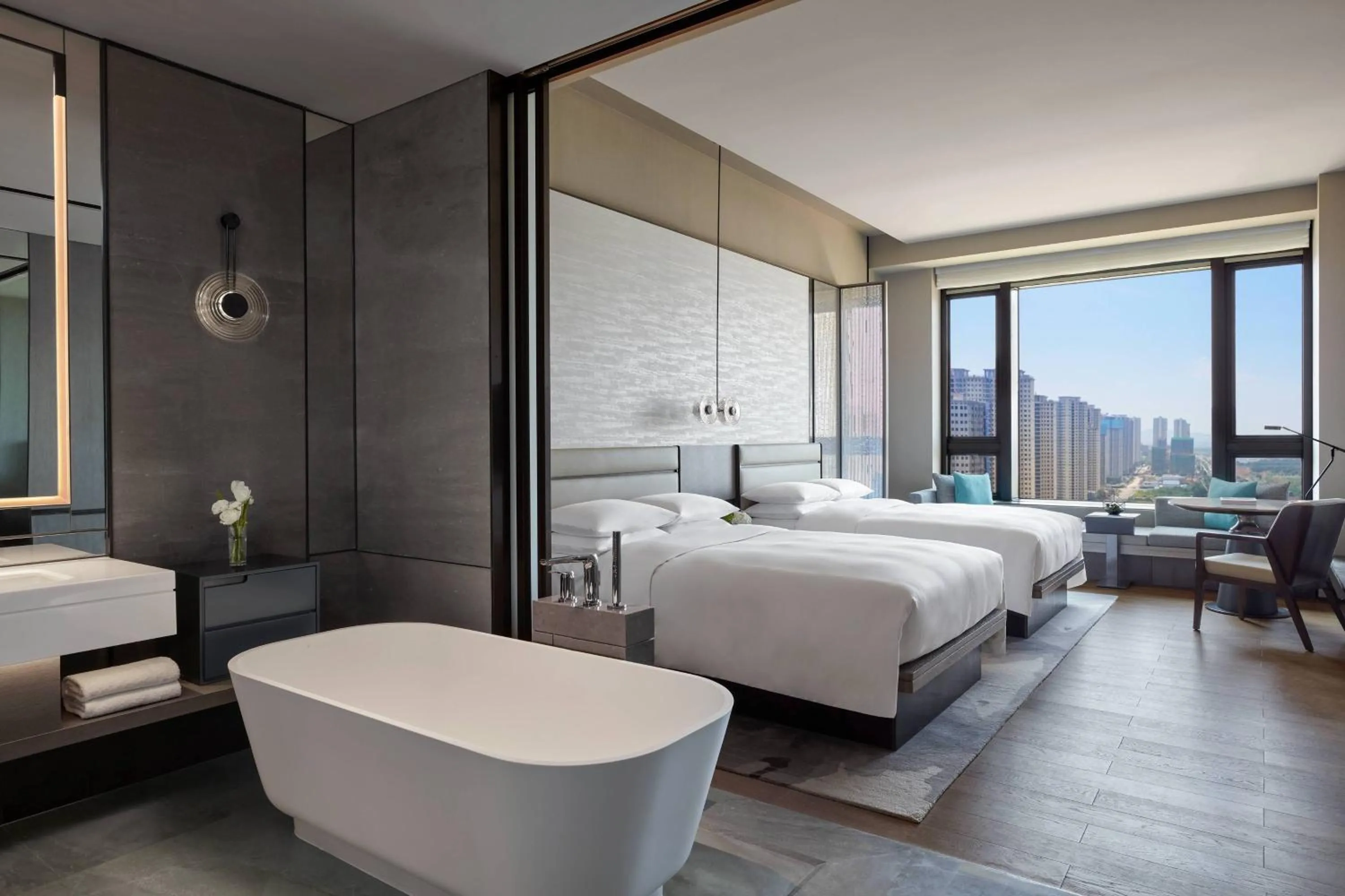 Bathroom, Bed in Wuhan Marriott Hotel Optics Valley