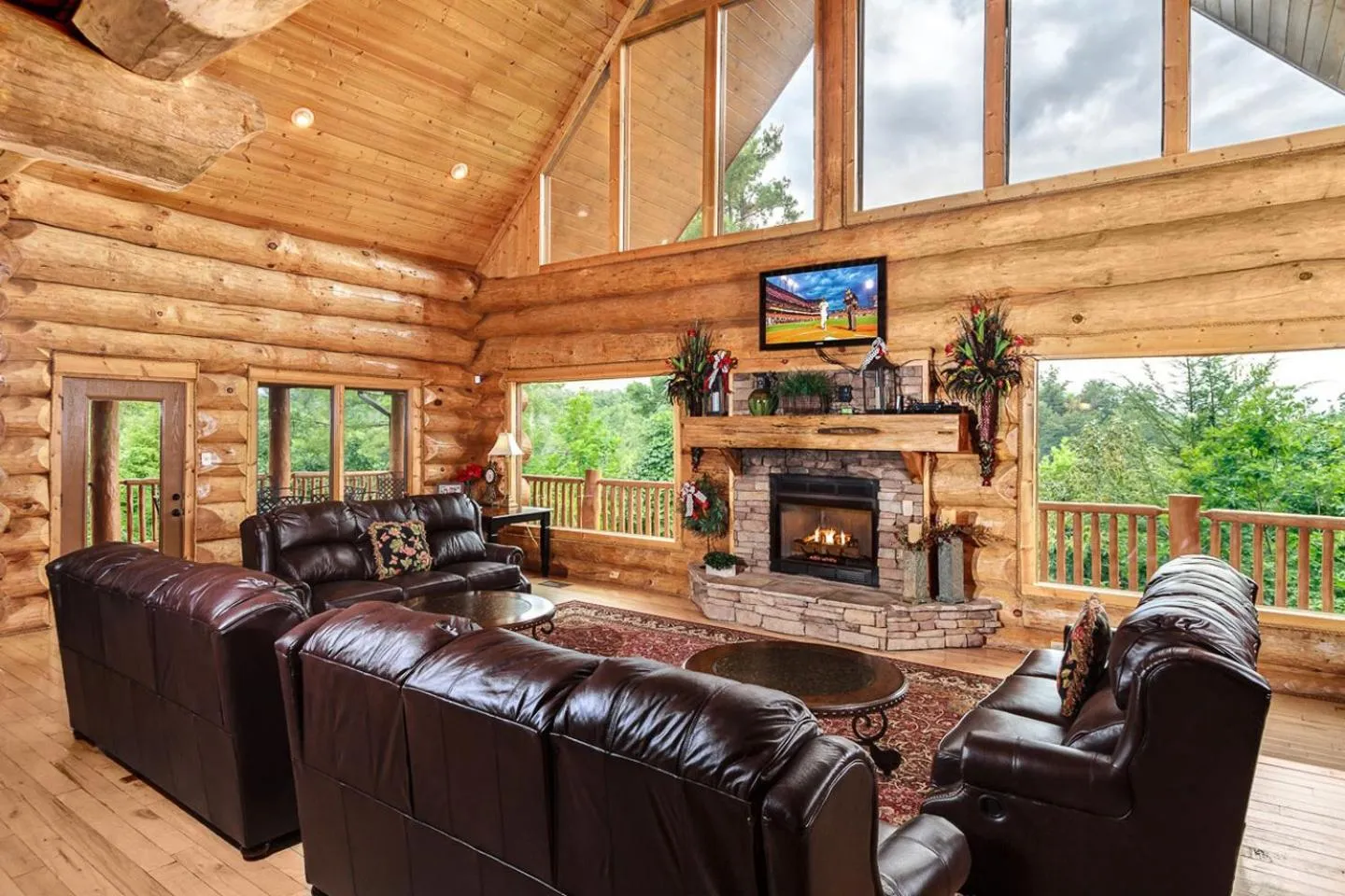 Living room in Big Bear Ridge Lodge - Breathtaking mountain views and private forest scenes in amazing large log cabin
