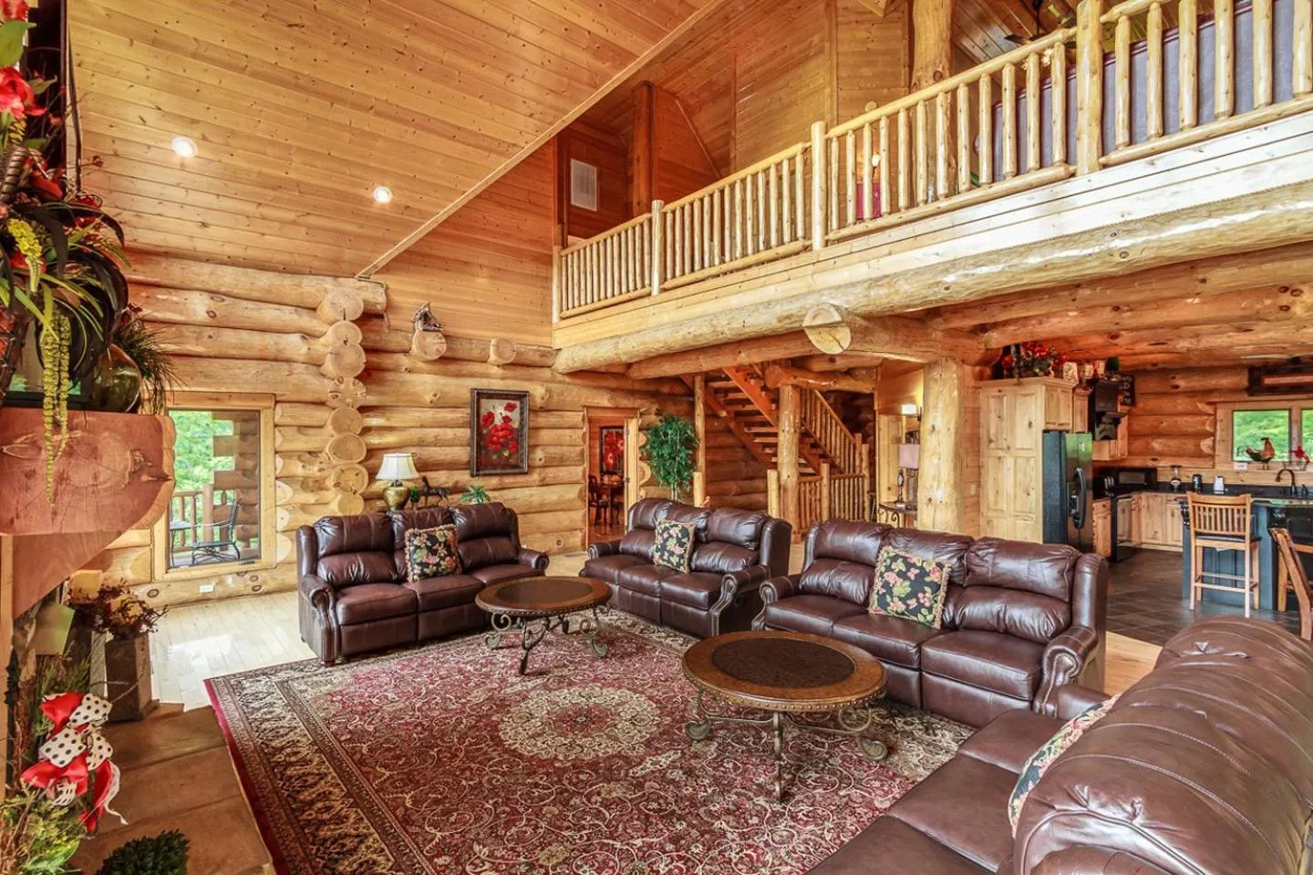 Living room in Big Bear Ridge Lodge - Breathtaking mountain views and private forest scenes in amazing large log cabin