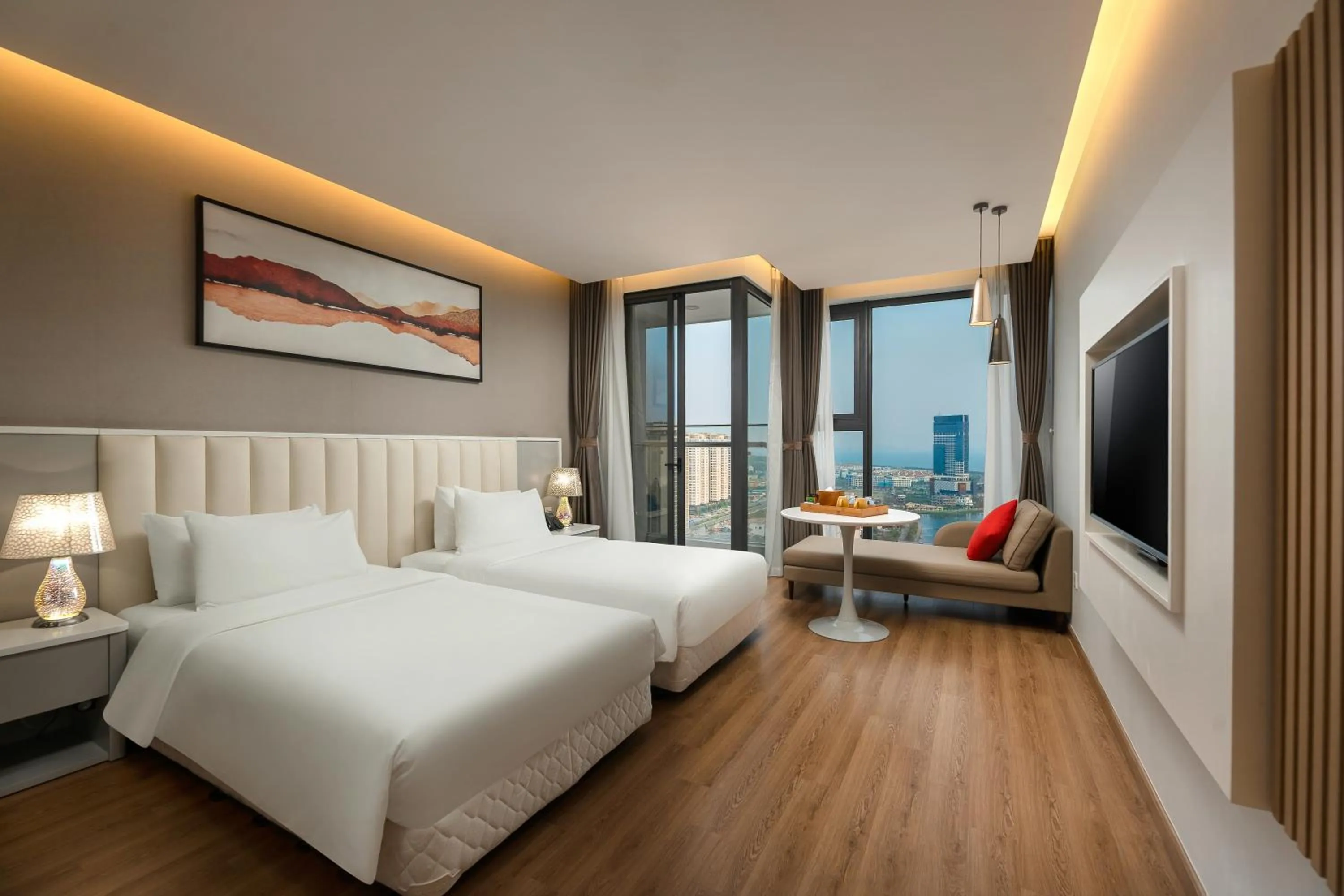 View (from property/room), Bed in DeLaSea Ha Long Hotel - Modern Bayview Escape