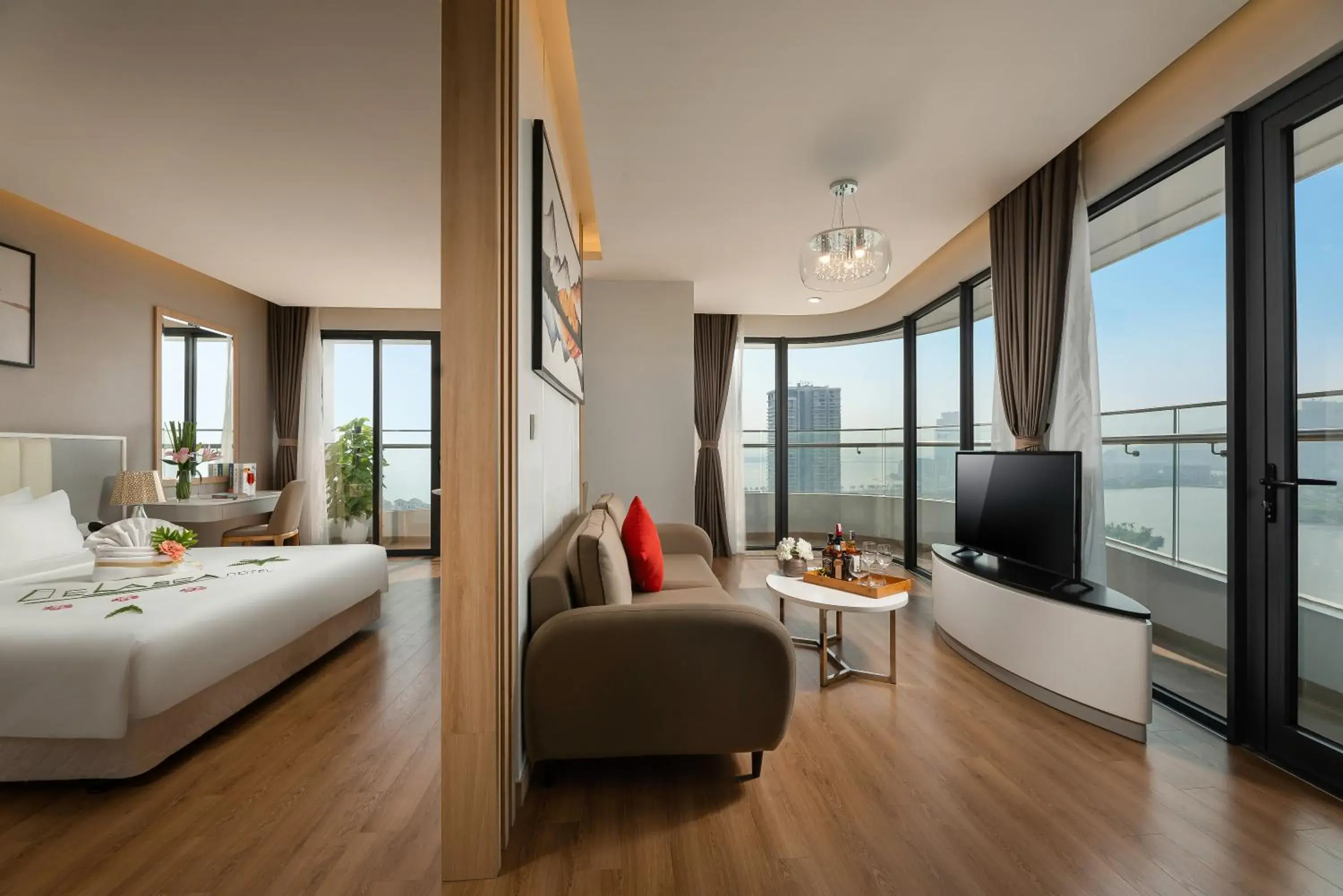 View (from property/room), Bed in DeLaSea Ha Long Hotel - Modern Bayview Escape View (from property/room), Bed in DeLaSea Ha Long Hotel - Modern Bayview Escape