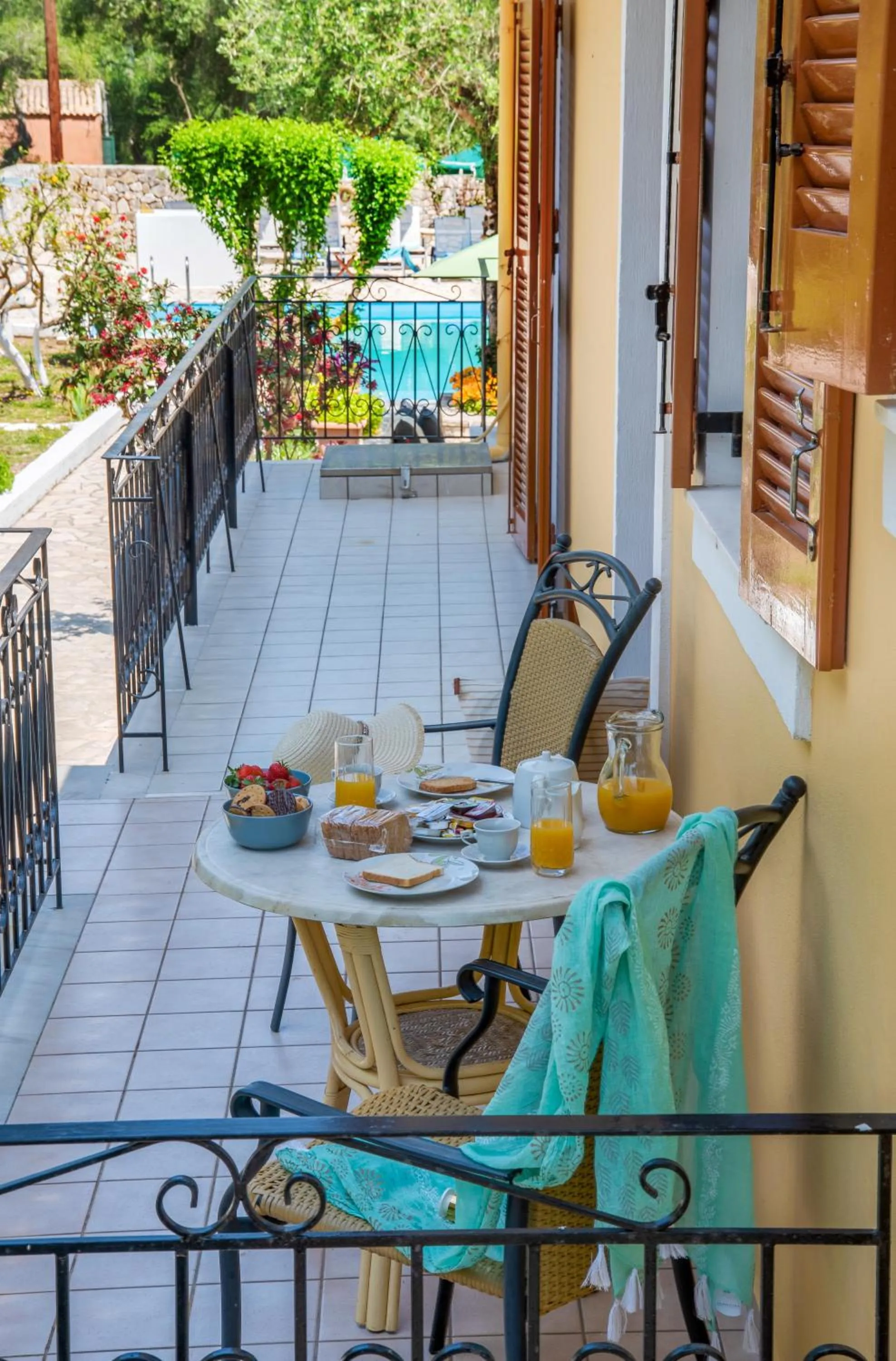 Balcony/Terrace in LIvadi Studios with Pool