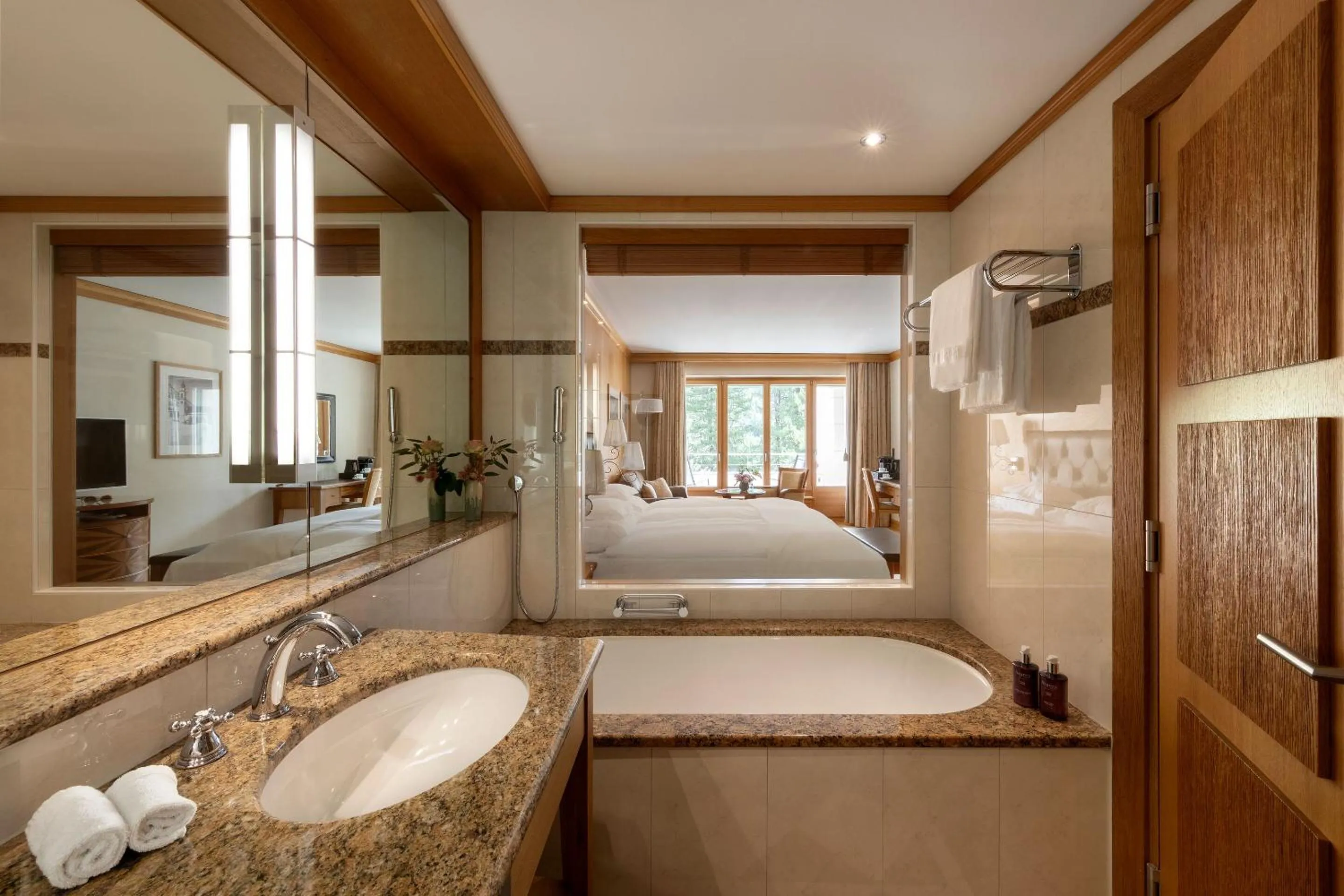 Bathroom, Bed in Grand Hotel Kronenhof