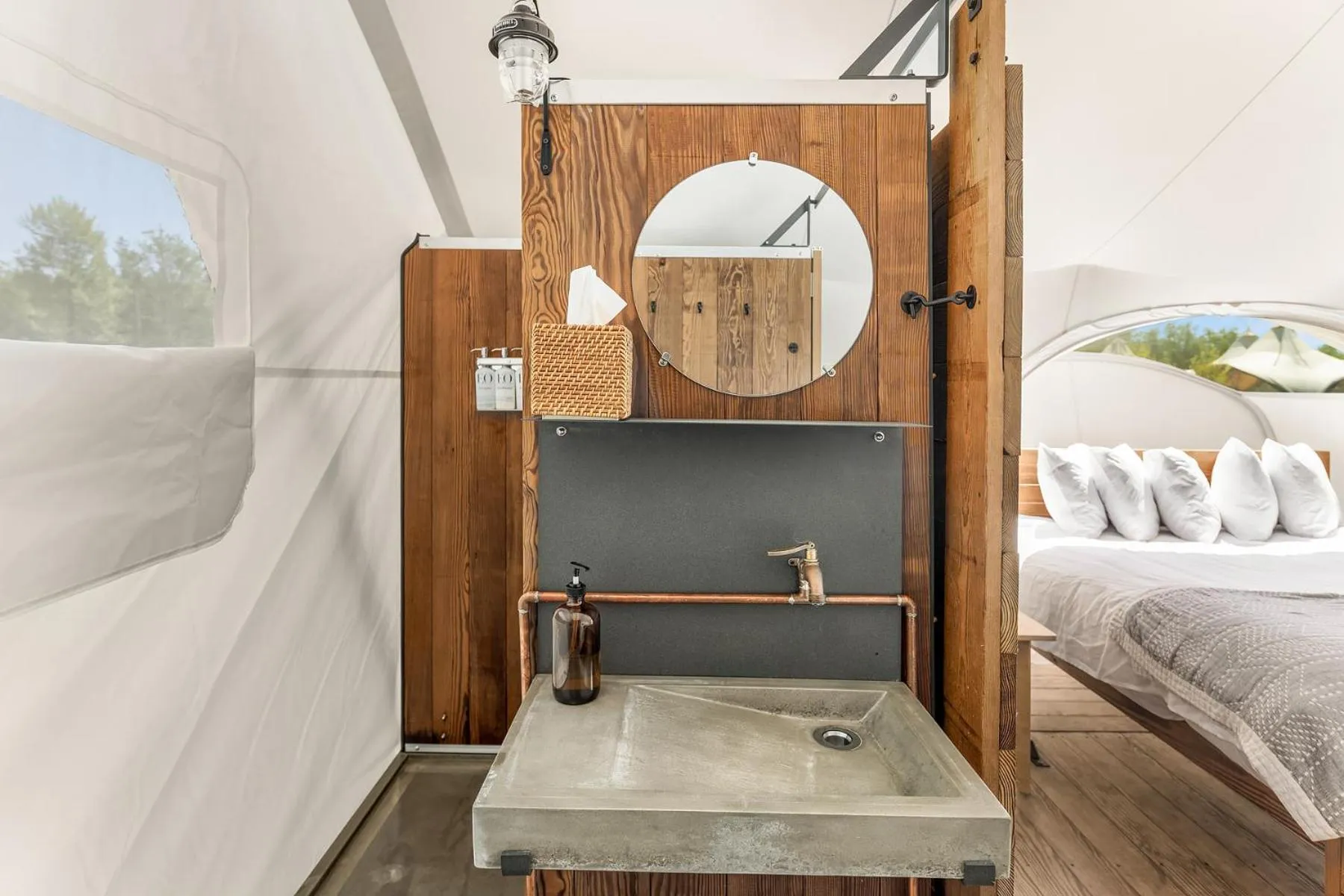 Bathroom, Bed in Under Canvas Acadia