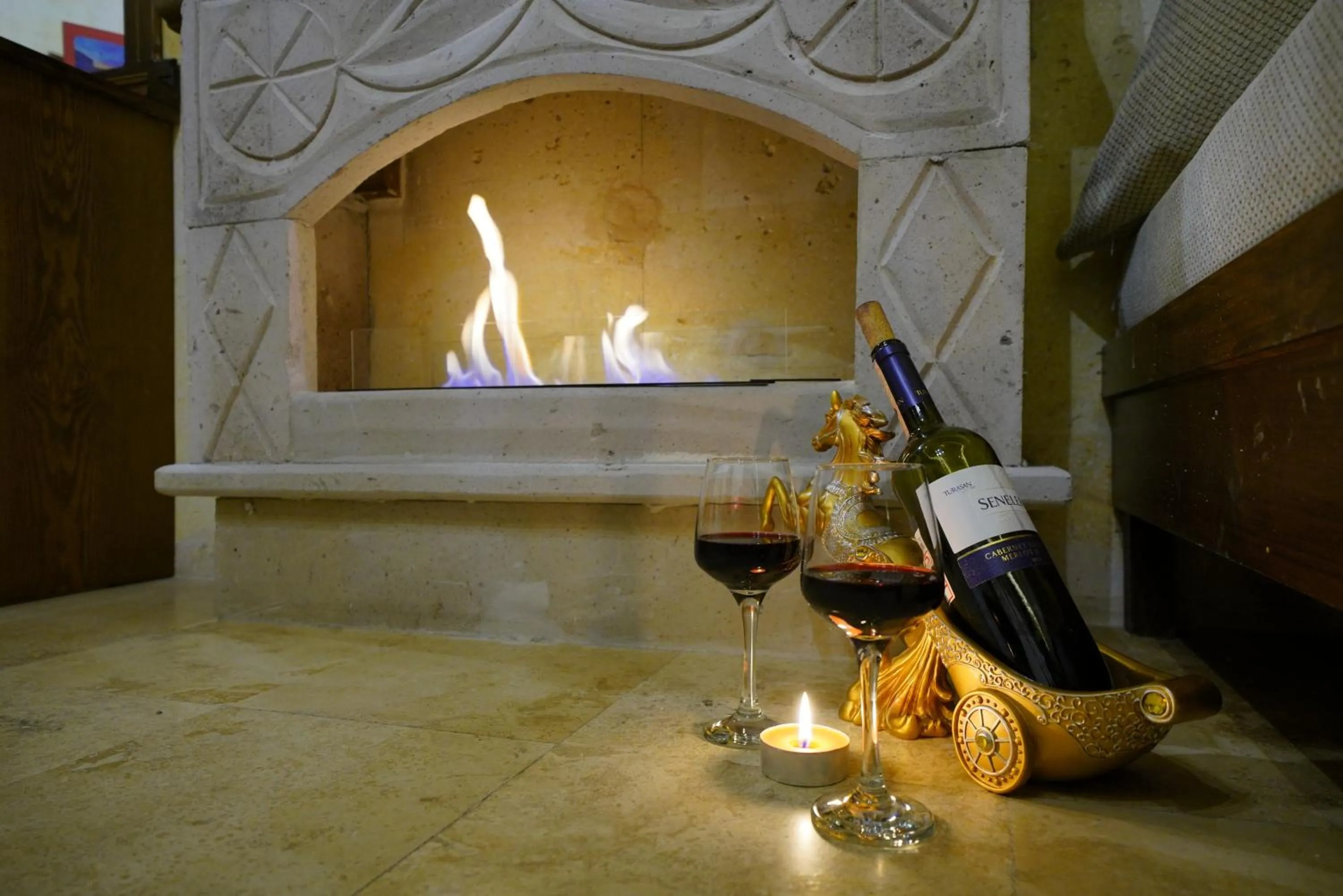 fireplace in Balloon Cave Hotel