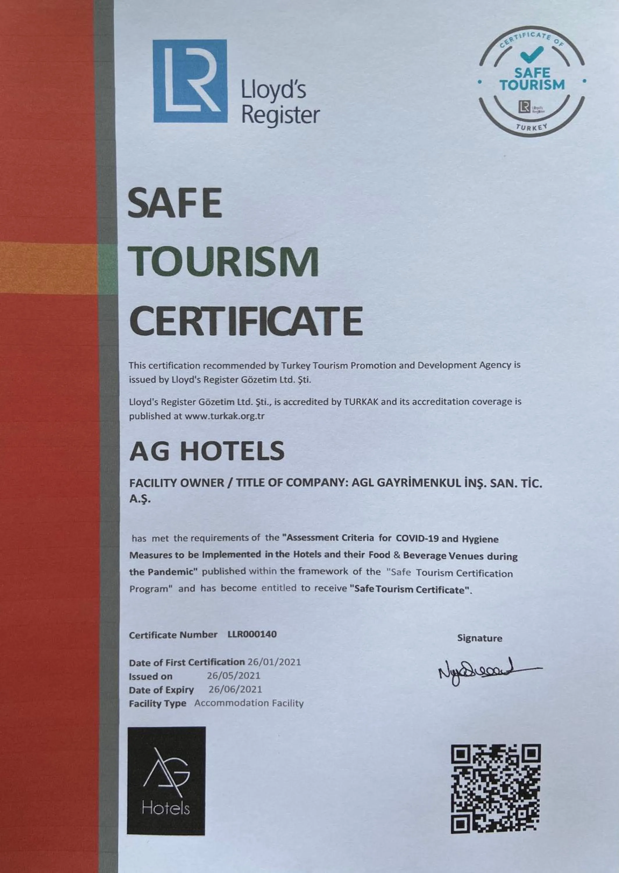Logo/Certificate/Sign in AG Hotels Antalya