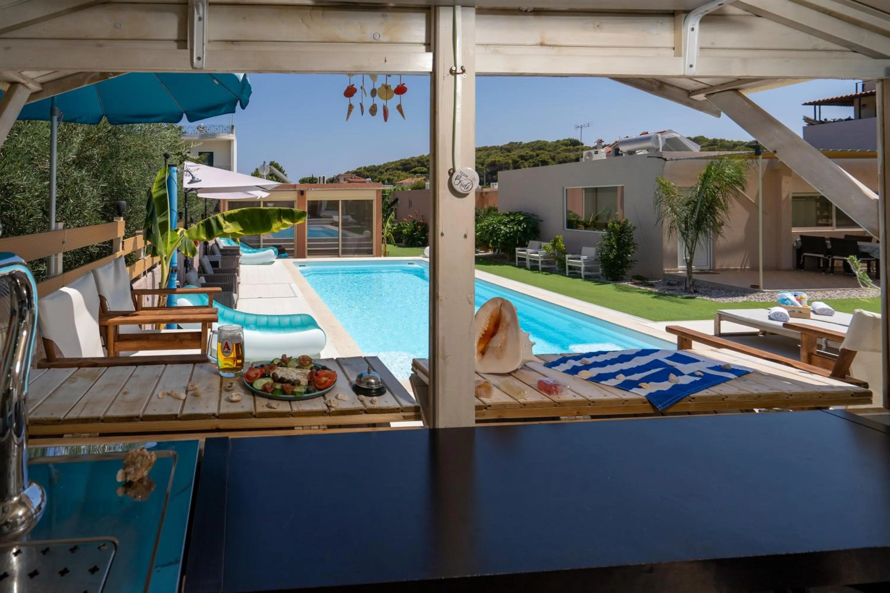 Patio in Modular Bungalows With Heated Pool Artemis Greece