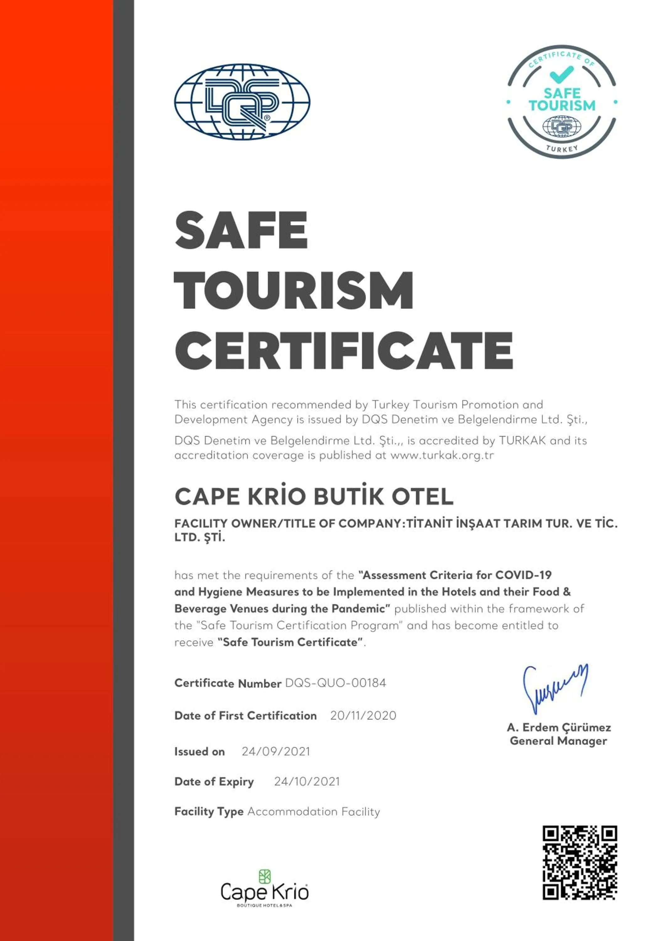 Certificate/Award in Cape Krio Boutique Hotel & SPA - Over 9 years old Adult Only