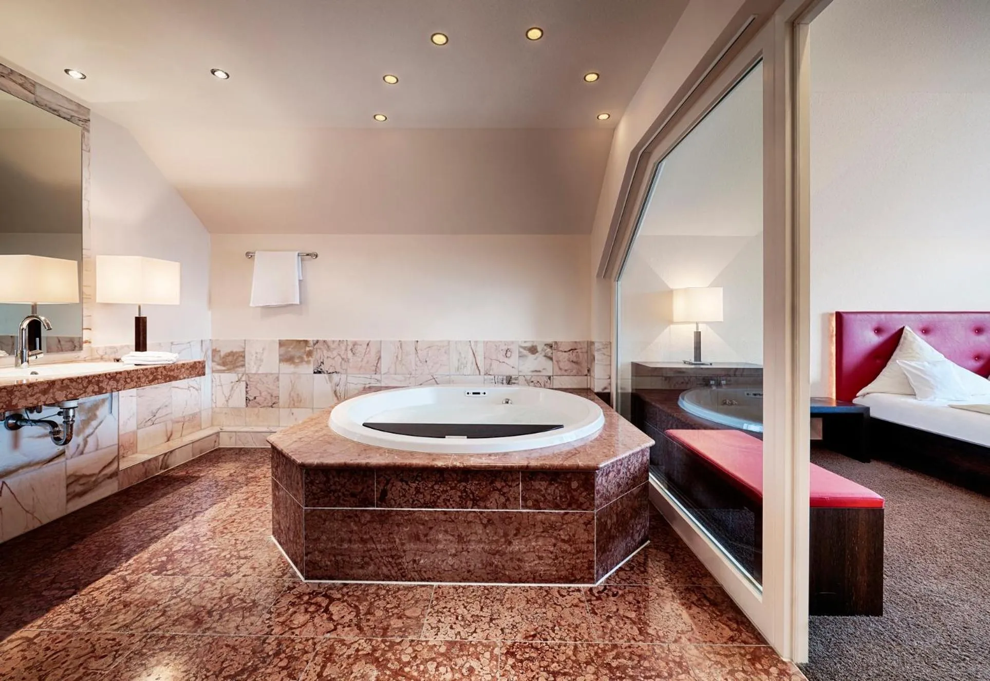 Bathroom, Bed in Hotel Kronelamm im Schwarzwald