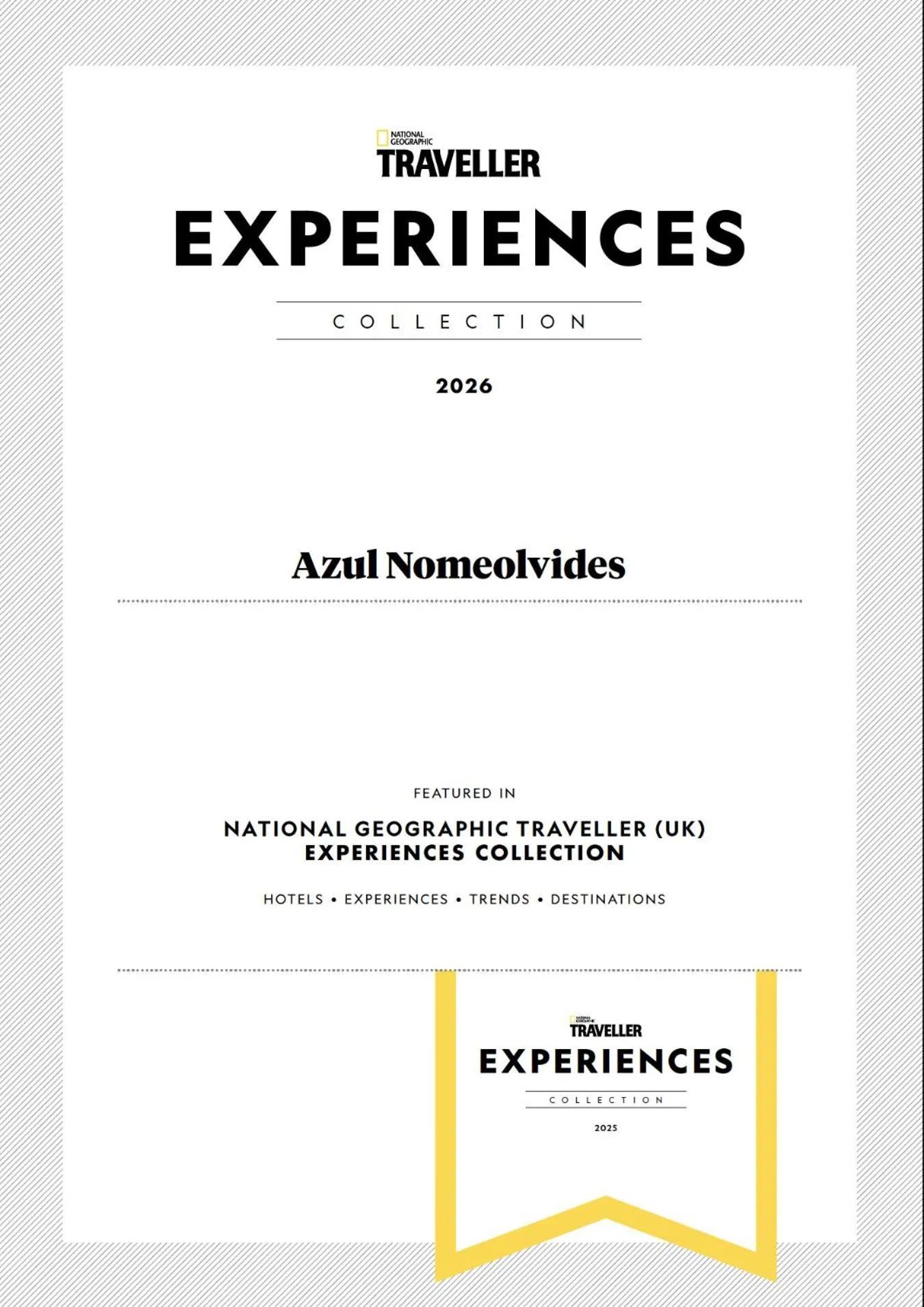 Certificate/Award in Azul Nomeolvides Bacalar - Guests Only