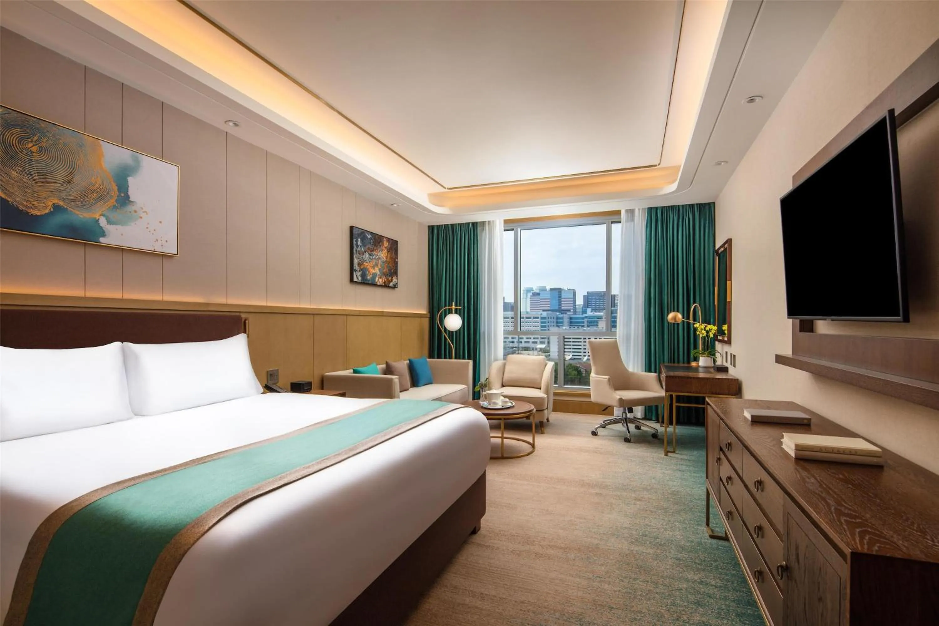 Living room, Bed in Blossom Hotel Houston, Curio Collection by Hilton