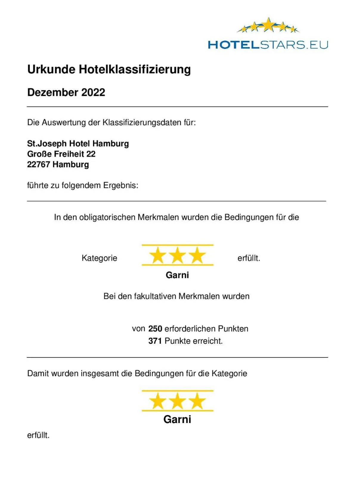 Certificate/Award in St.Joseph Hotel Hamburg - Reeperbahn St.Pauli Kiez
