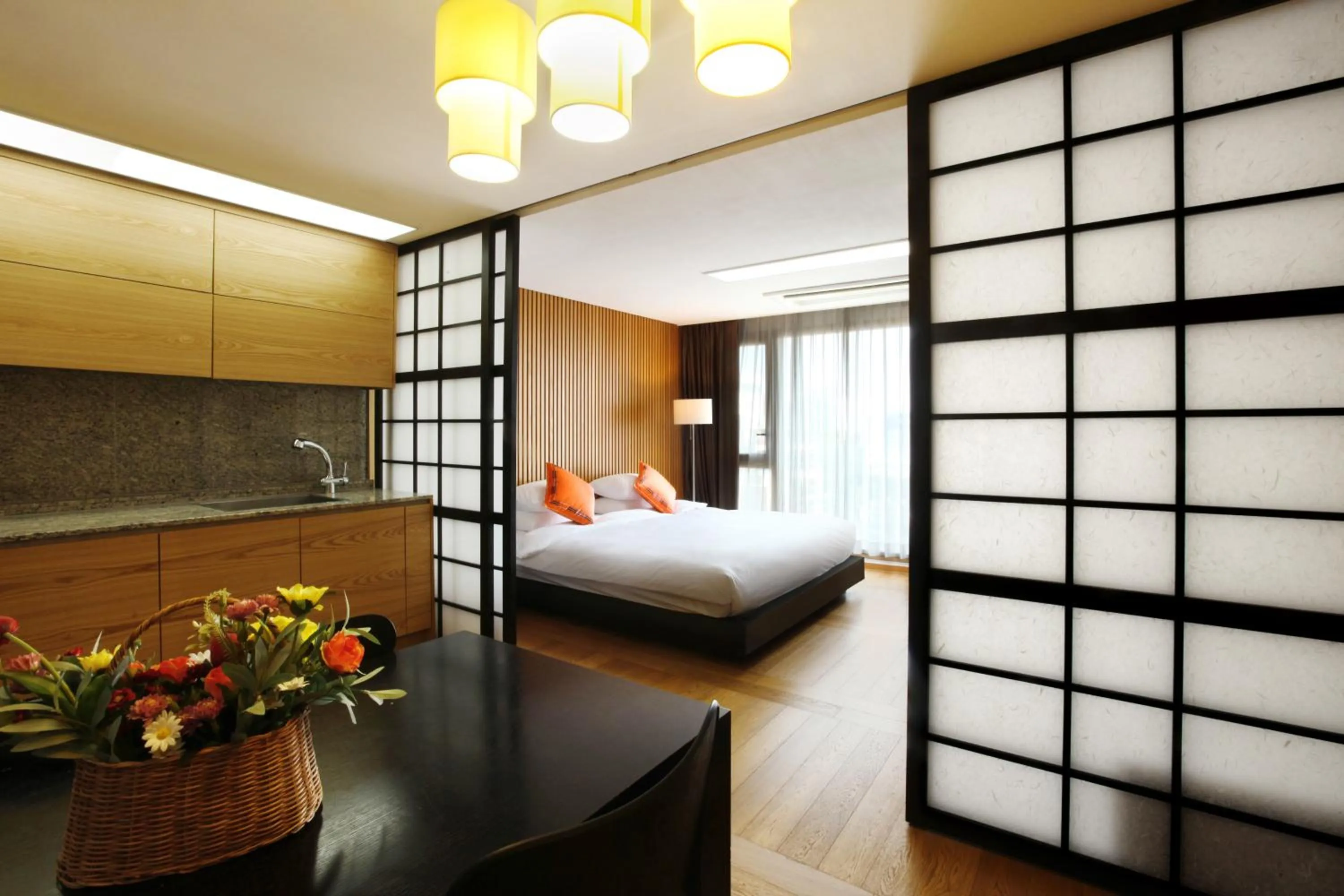 Decorative detail, Bed in Shin Shin Hotel Jeju Ocean