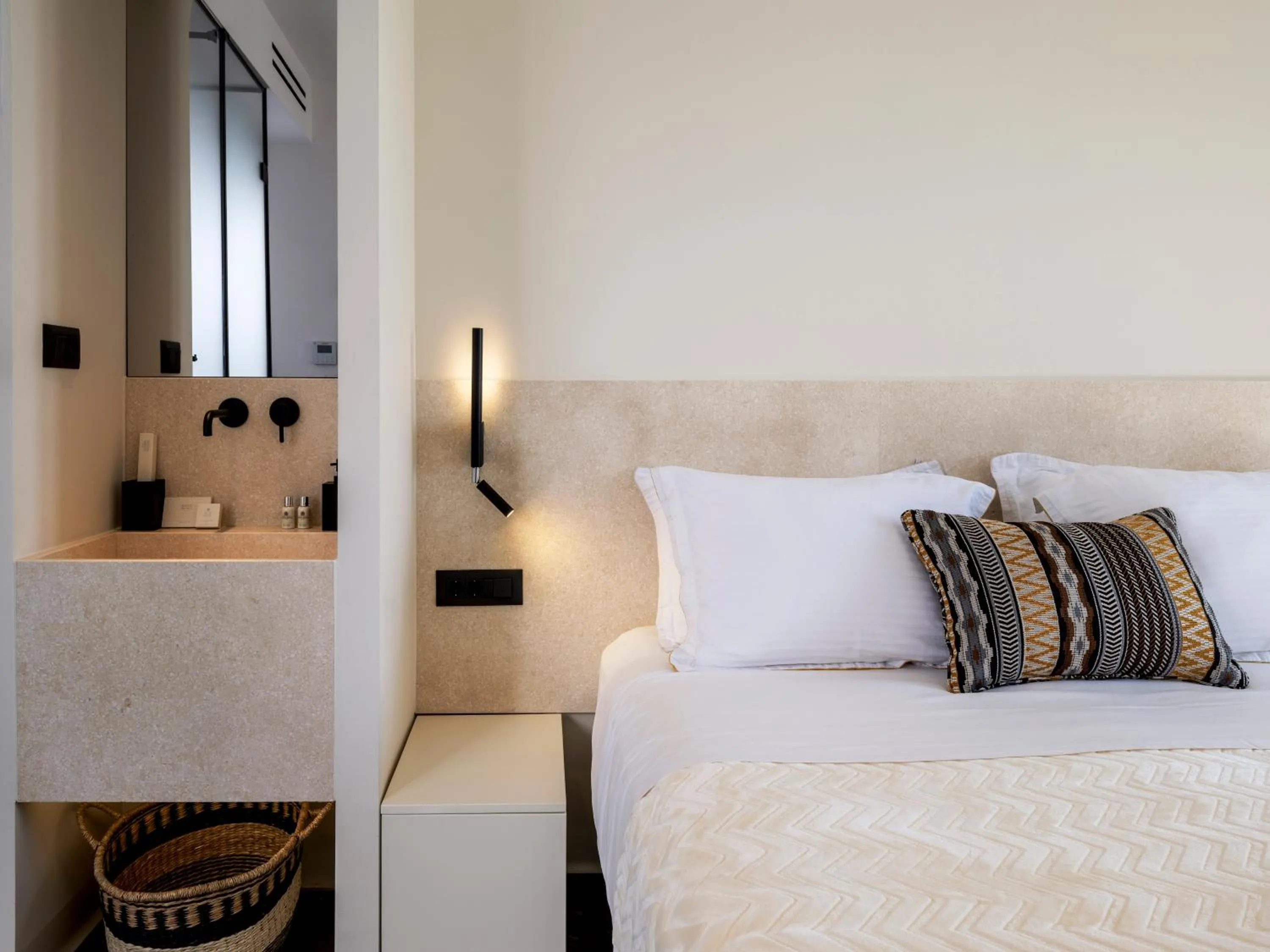 Bed in Yalos Hotel Sunset view Mykonos town private rooms