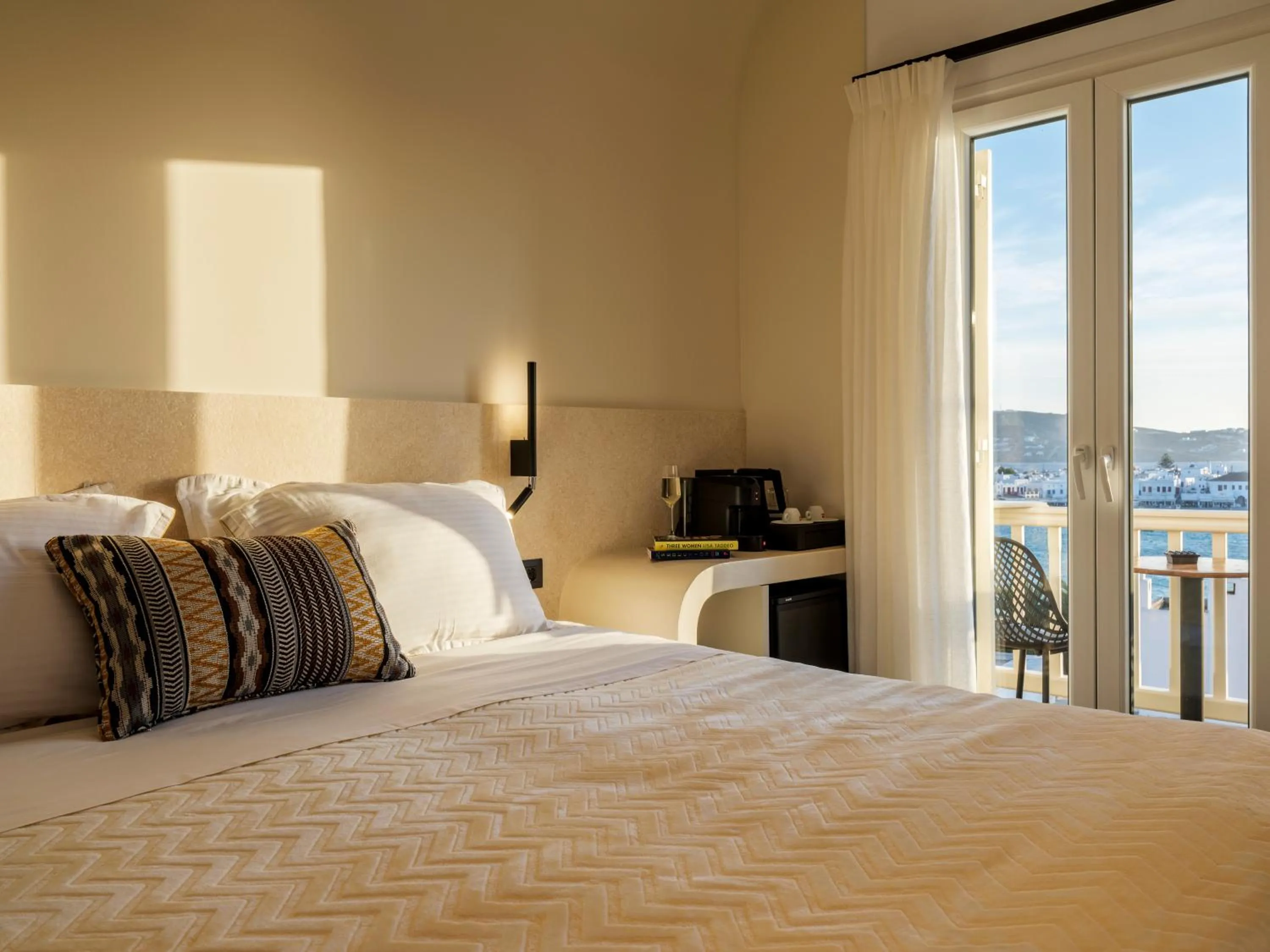 View (from property/room), Bed in Yalos Hotel Sunset view Mykonos town private rooms