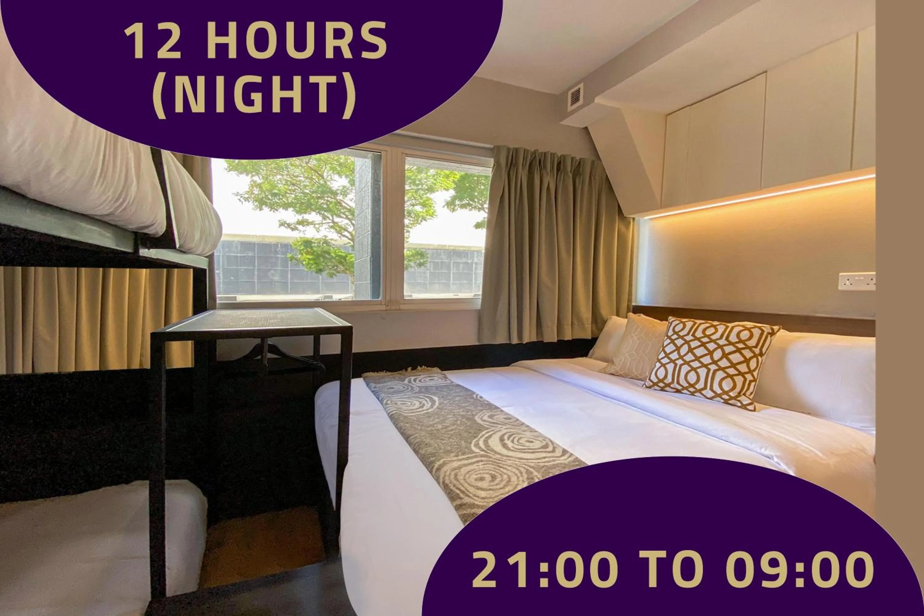 Text overlay, Bed in ST Signature Bugis Beach, SHORT OVERNIGHT, 12 Hours, check in 7PM or 9PM